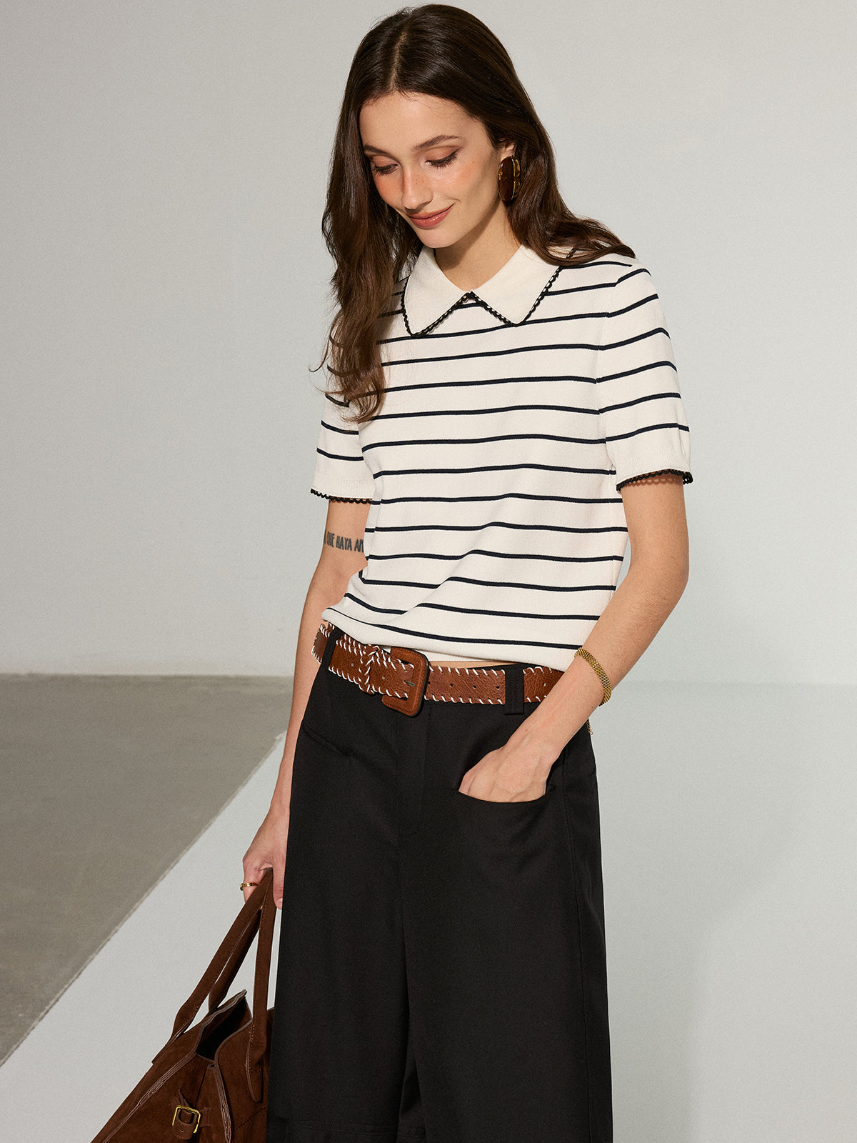 Contrast Wave Trim Striped Polo Knit Top-Massicos