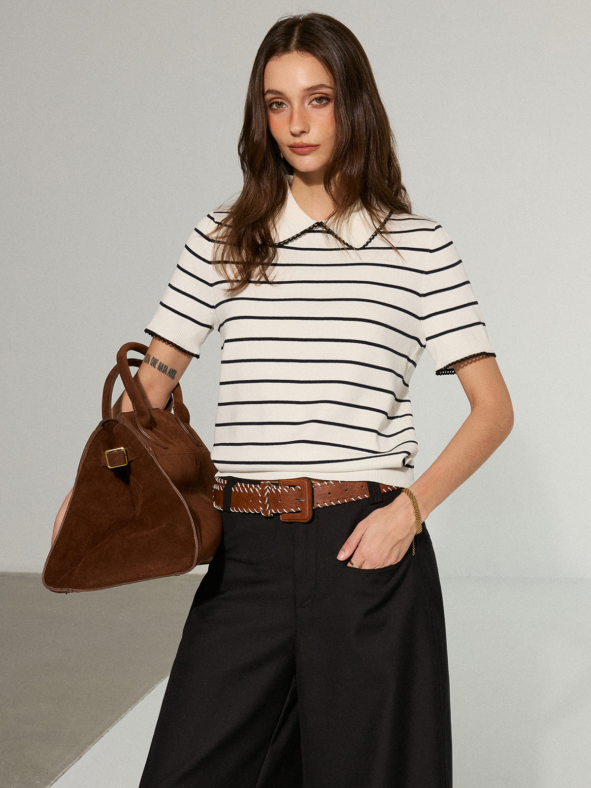 Contrast Wave Trim Striped Polo Knit Top-Massicos