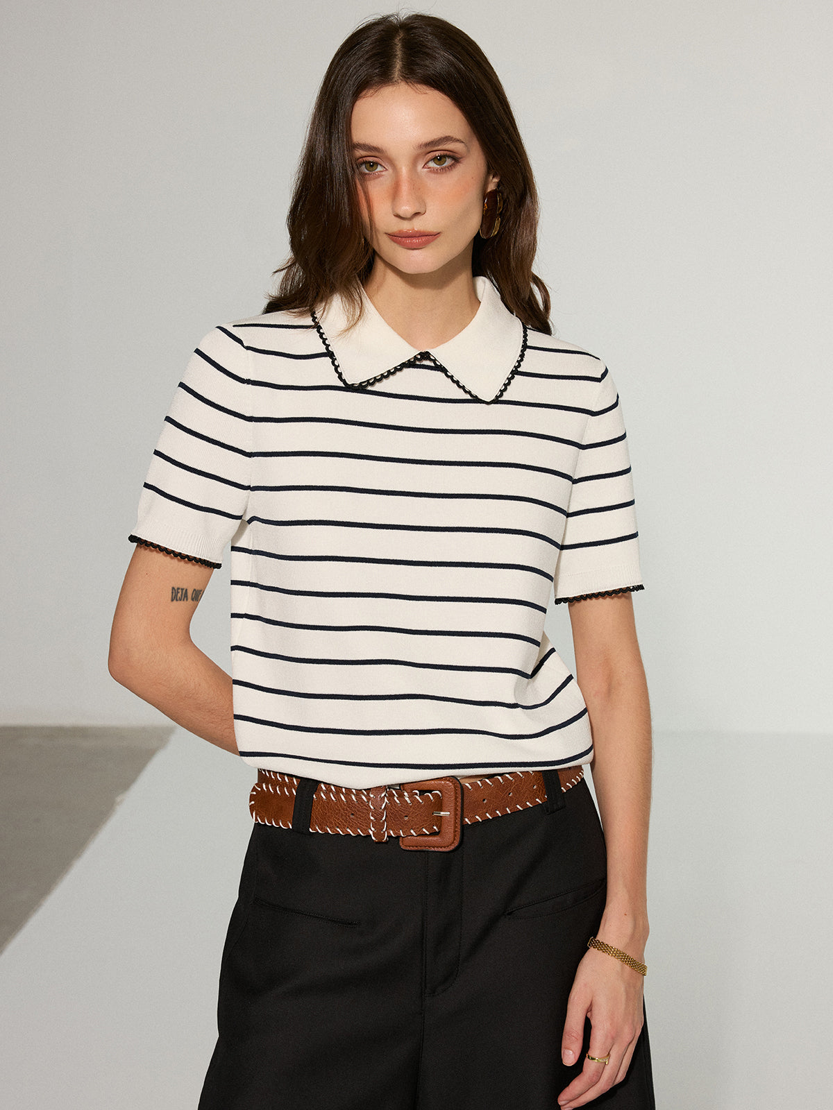 Contrast Wave Trim Striped Polo Knit Top-Massicos