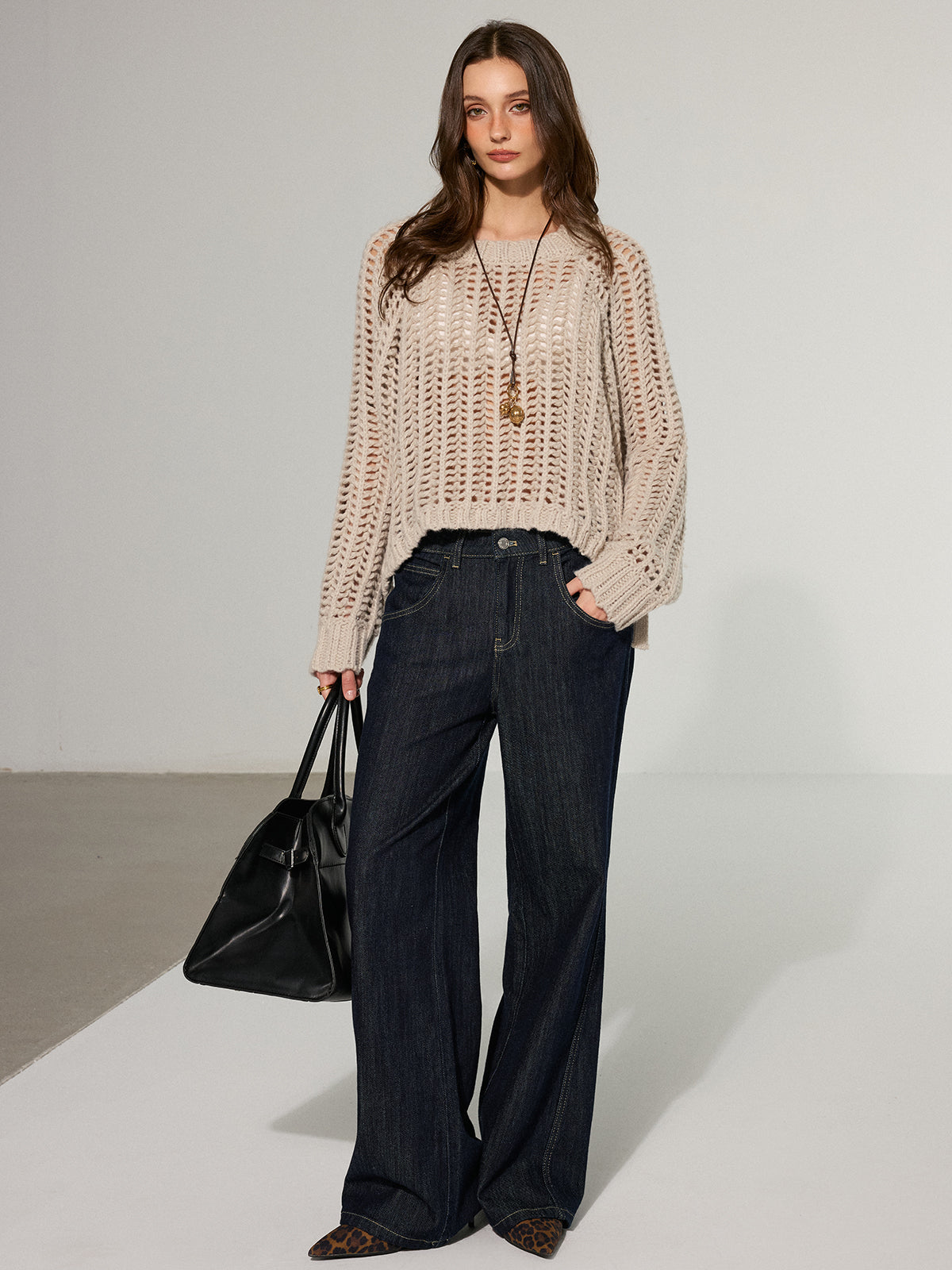 Side Tie Oversized Open-Knit Sweater-Massicos
