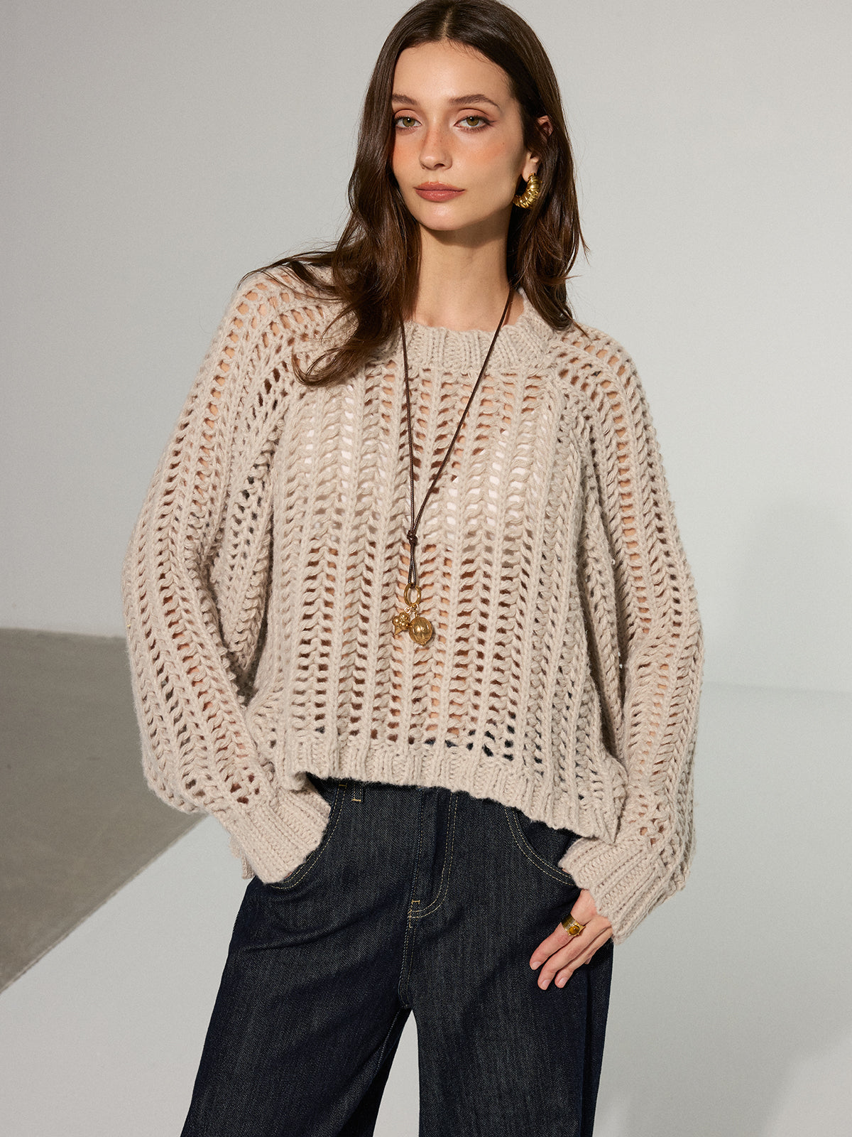 Side Tie Oversized Open-Knit Sweater-Massicos