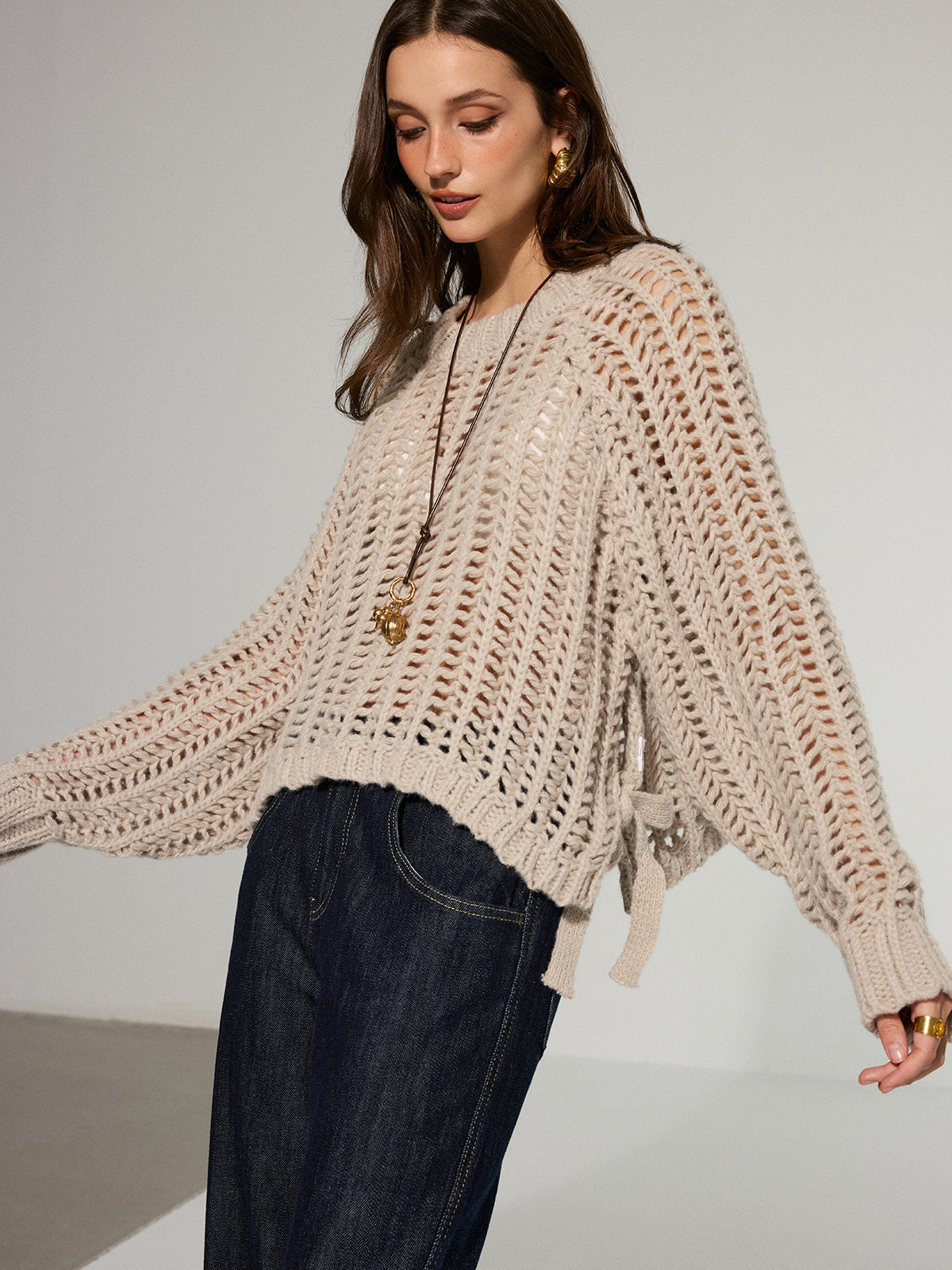 Side Tie Oversized Open-Knit Sweater-Massicos