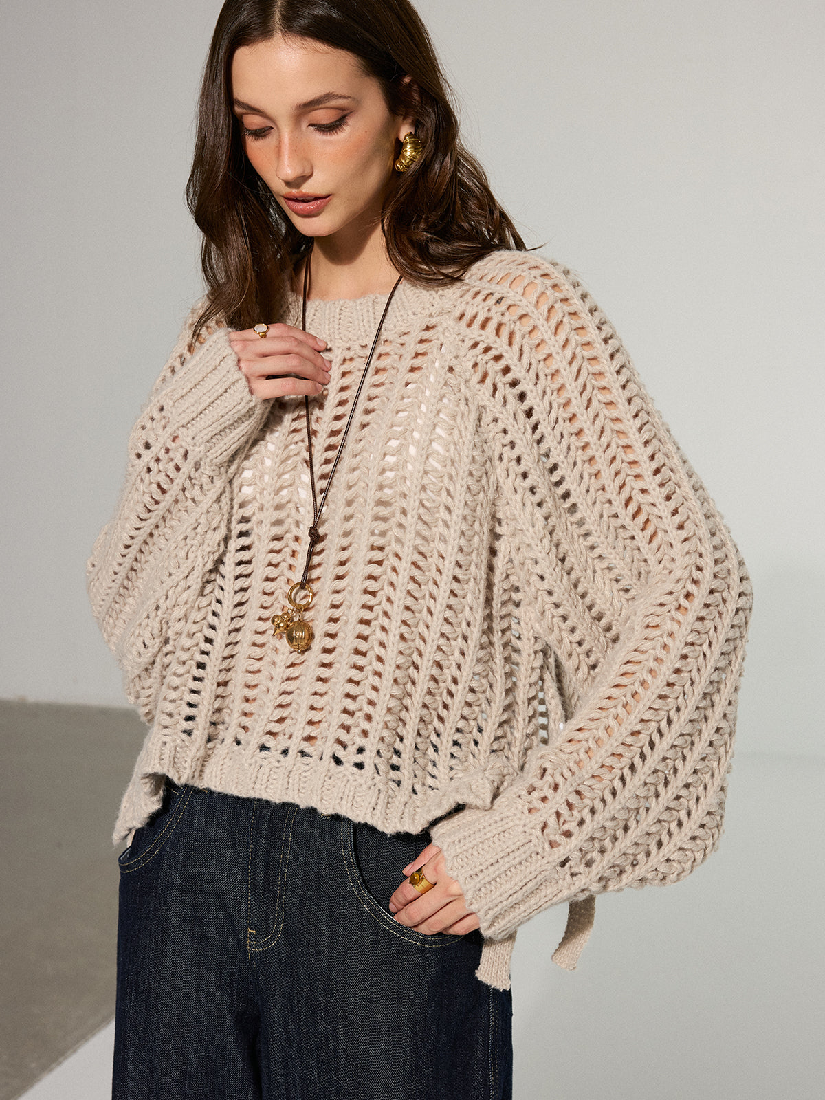 Side Tie Oversized Open-Knit Sweater-Massicos