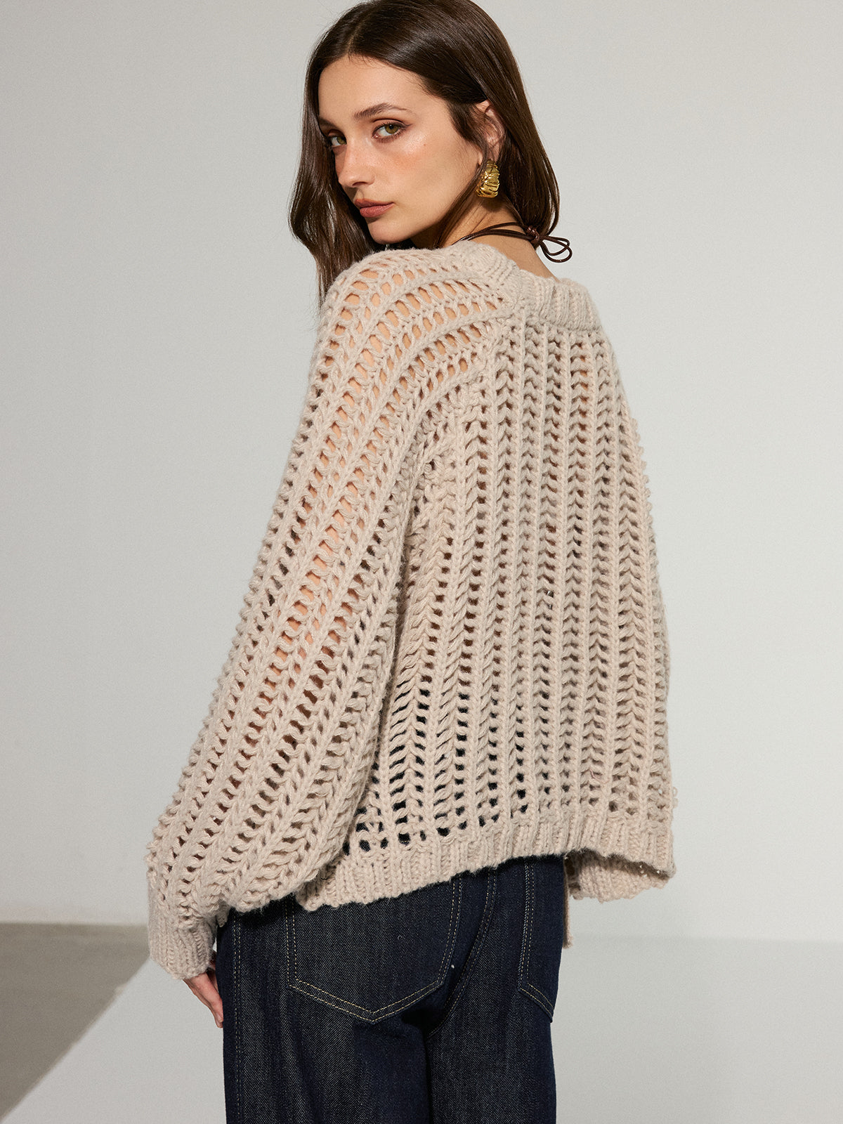 Side Tie Oversized Open-Knit Sweater-Massicos