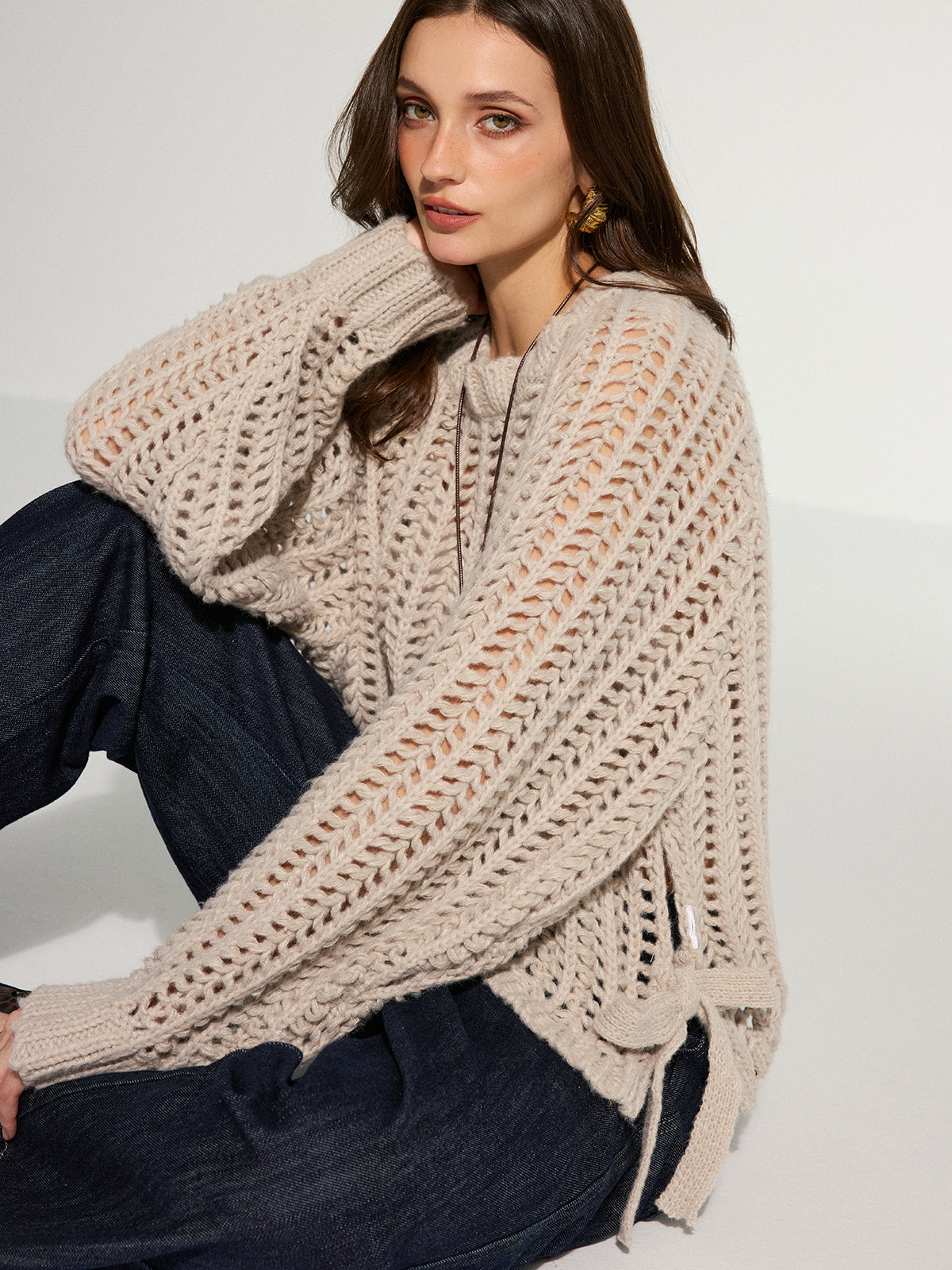 Side Tie Oversized Open-Knit Sweater-Massicos
