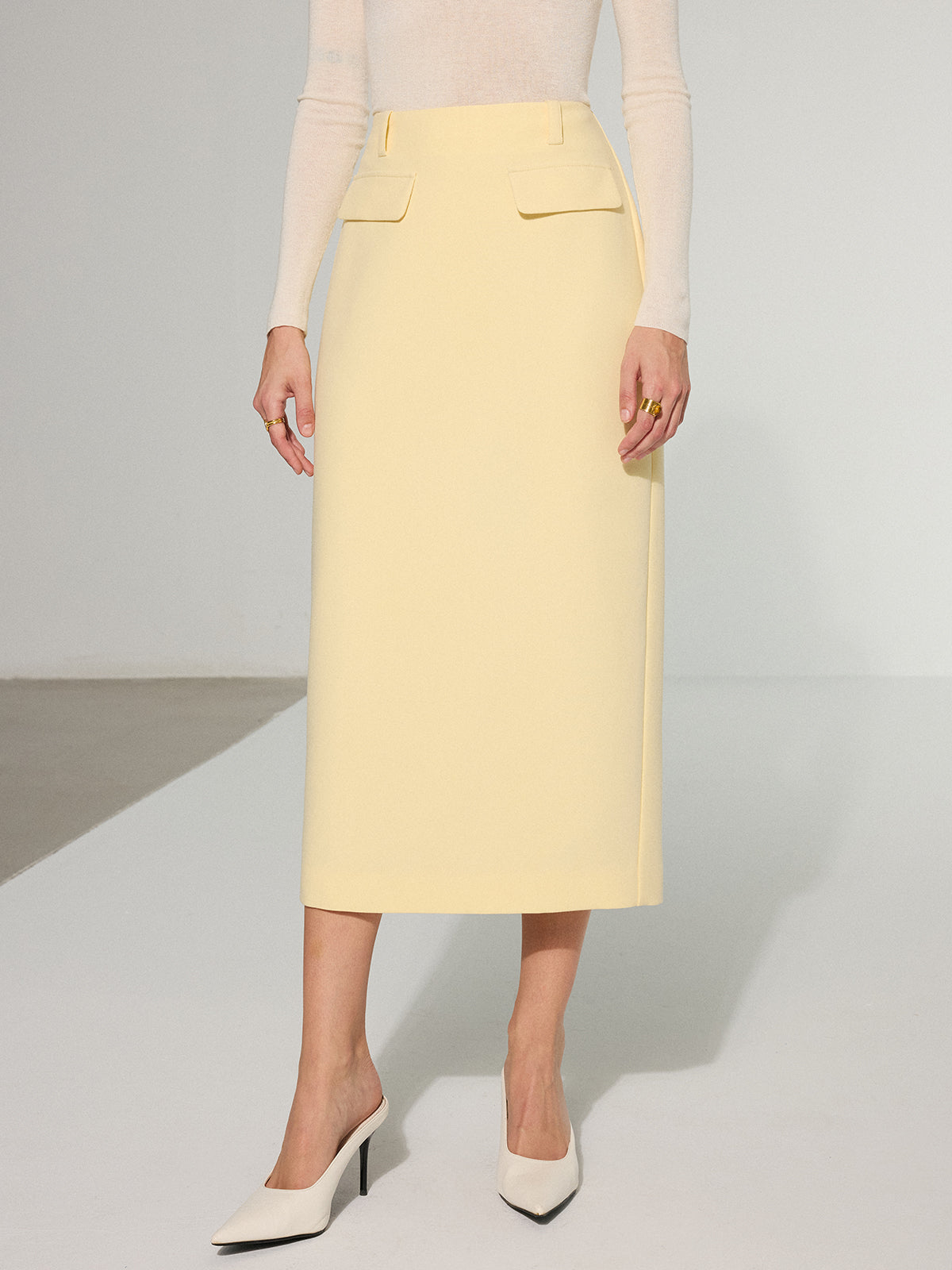 Decor Pocket Back Slit Midi Skirt-Massicos