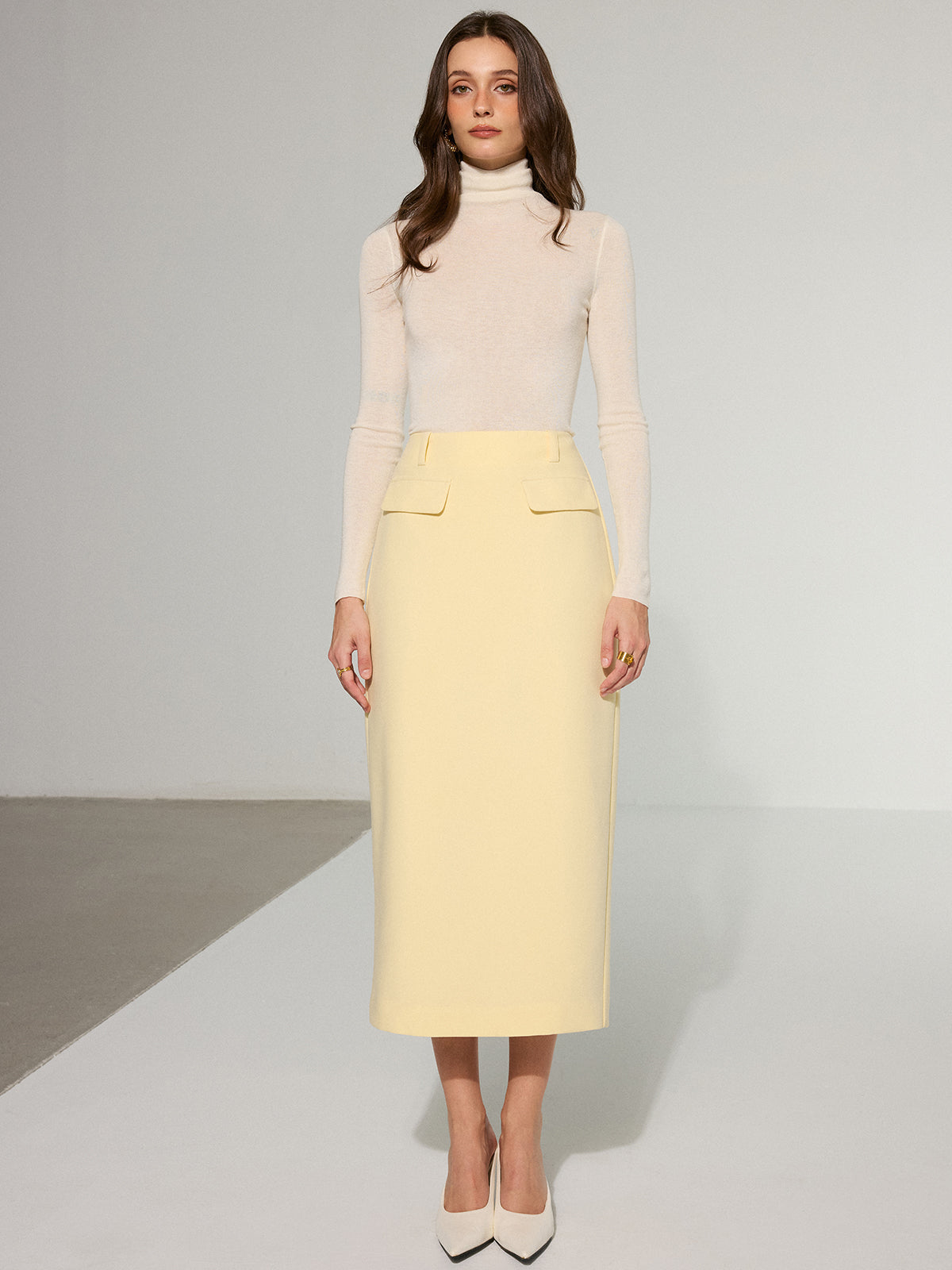 Decor Pocket Back Slit Midi Skirt-Massicos