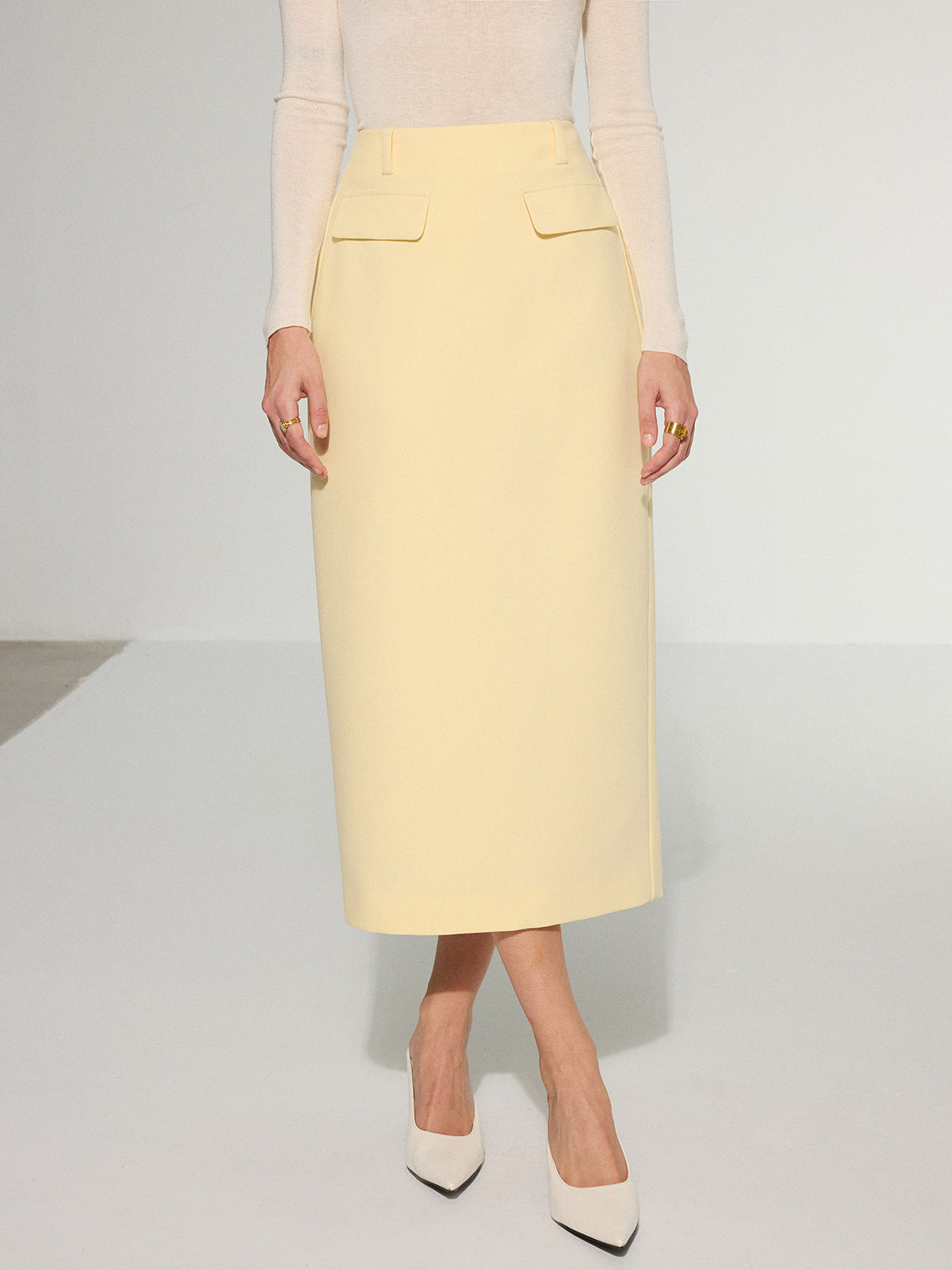 Decor Pocket Back Slit Midi Skirt-Massicos