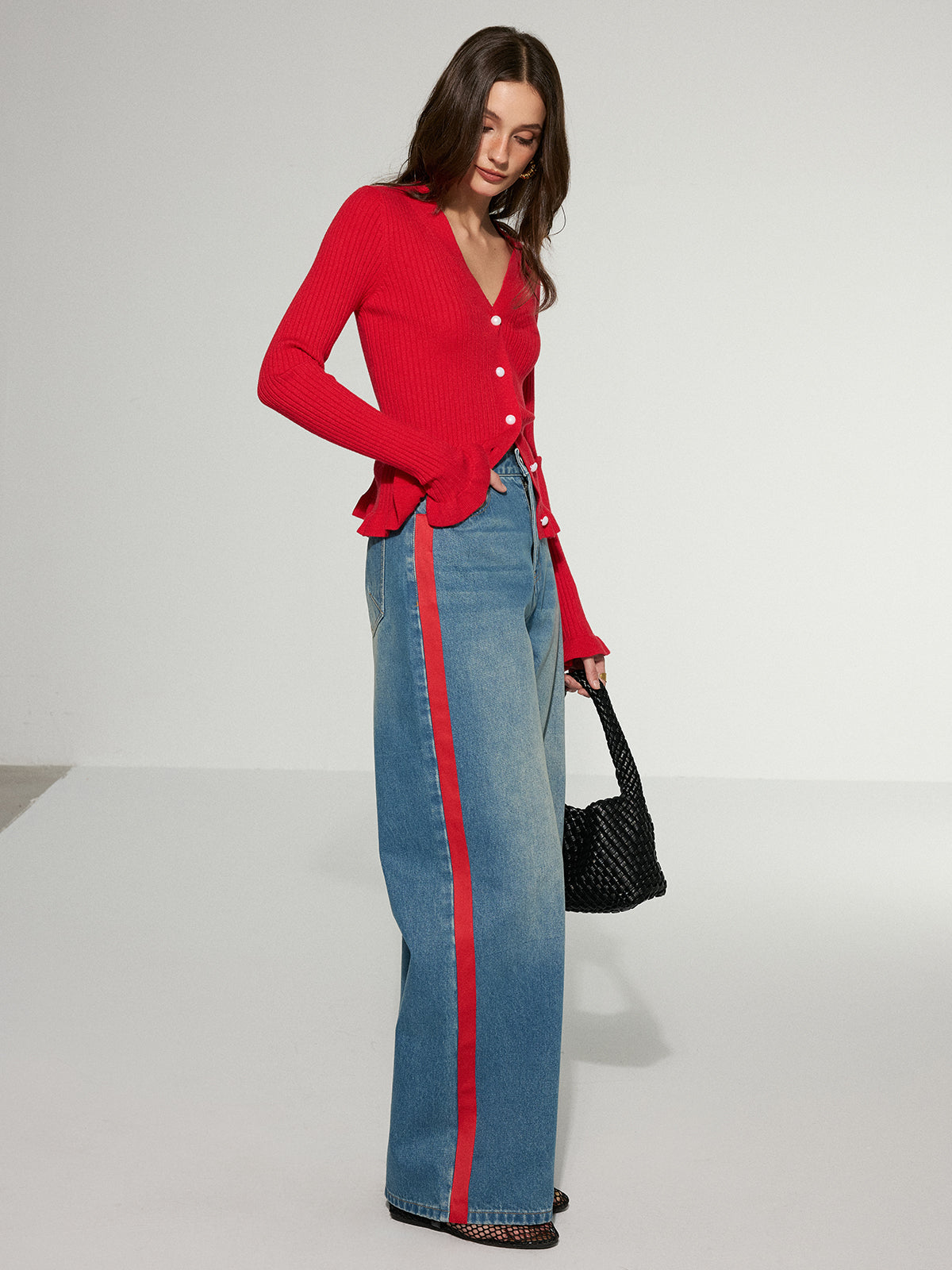 Contrast Side Striped Wide-Leg Jeans-Massicos