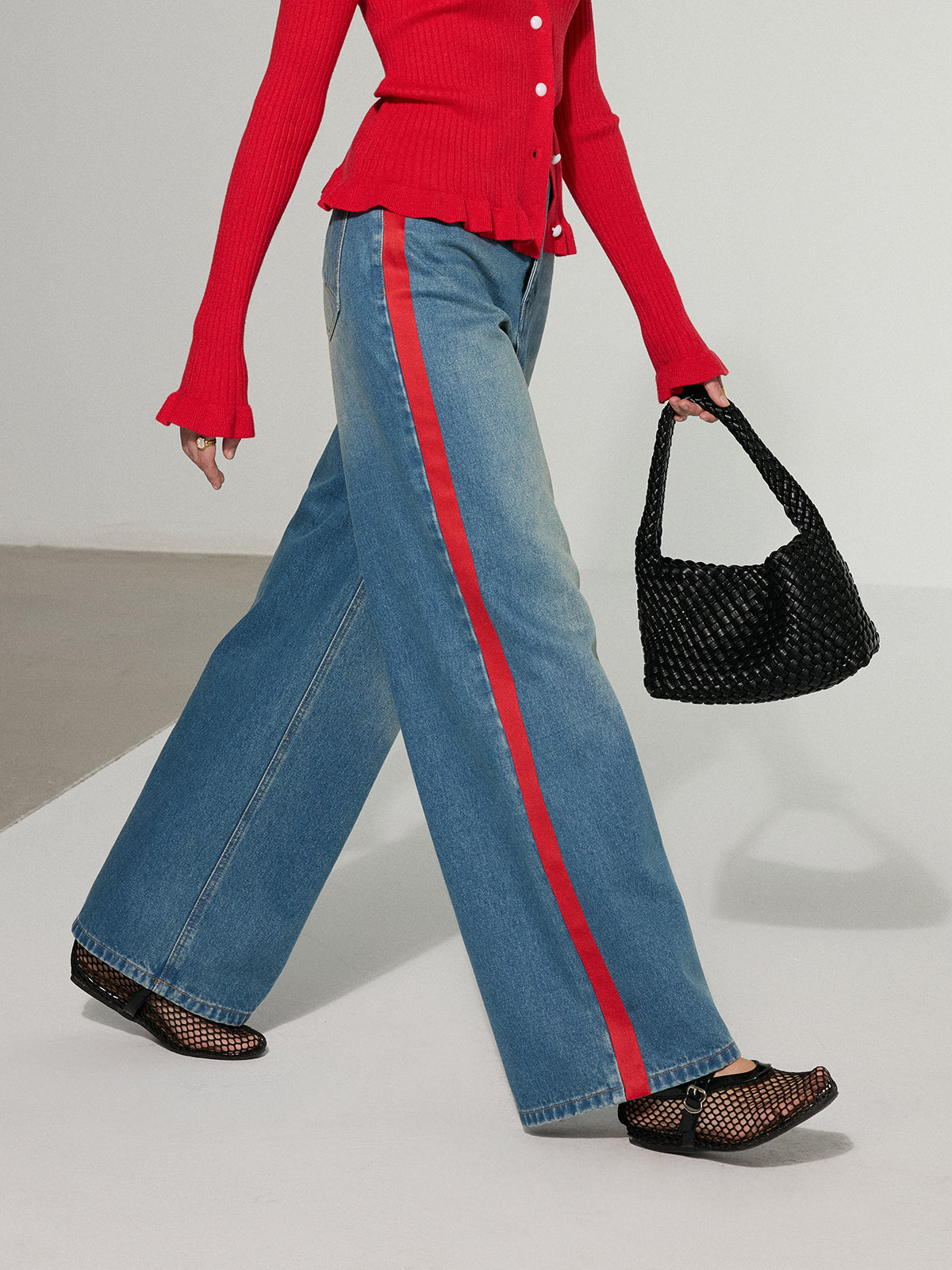 Contrast Side Striped Wide-Leg Jeans-Massicos