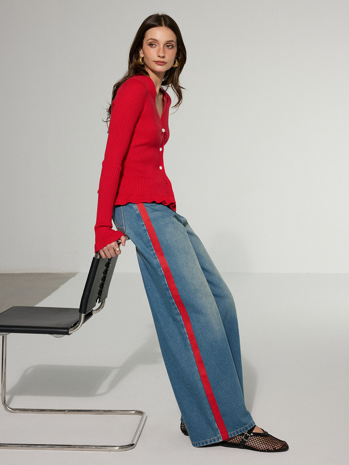 Contrast Side Striped Wide-Leg Jeans-Massicos