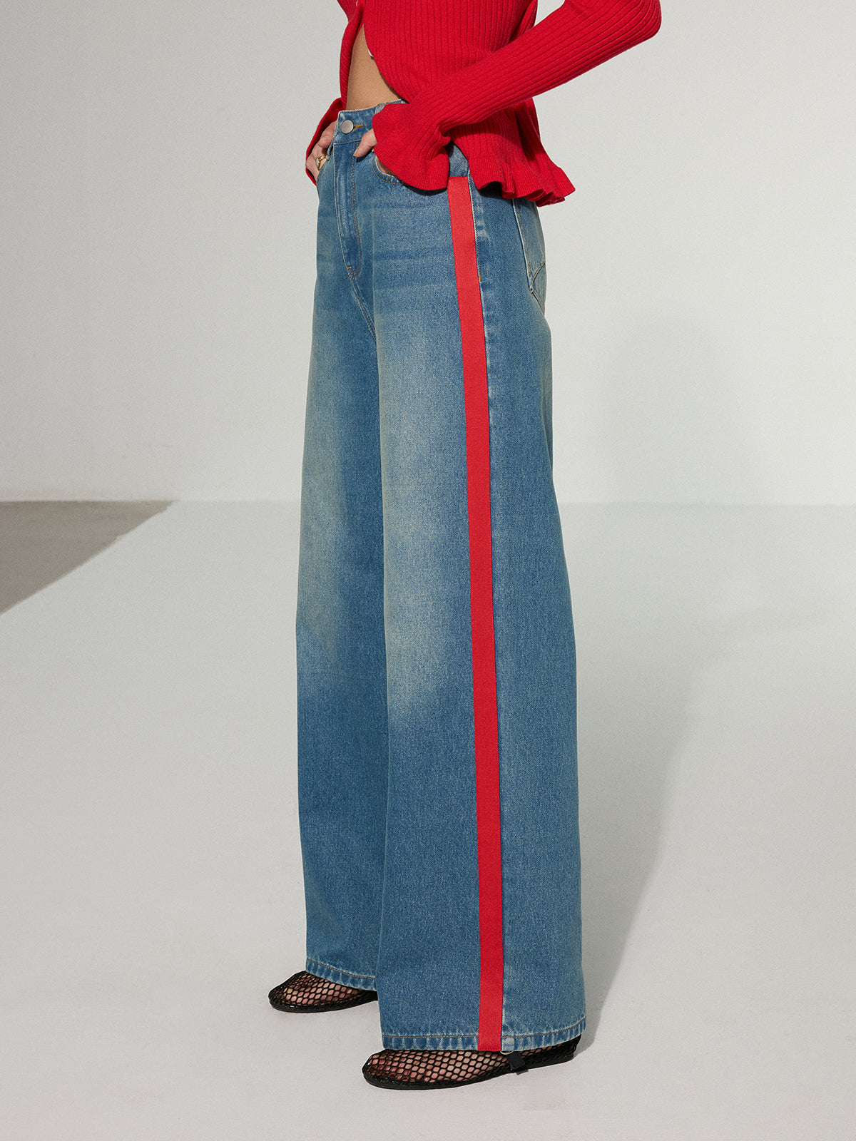 Contrast Side Striped Wide-Leg Jeans-Massicos