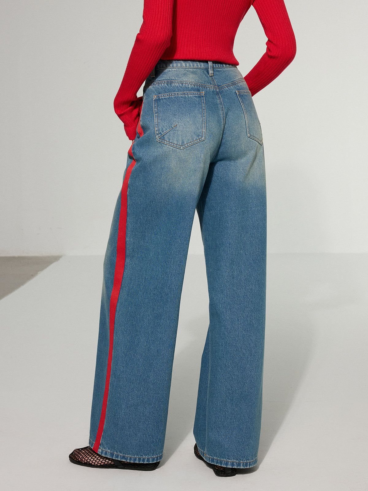 Contrast Side Striped Wide-Leg Jeans-Massicos