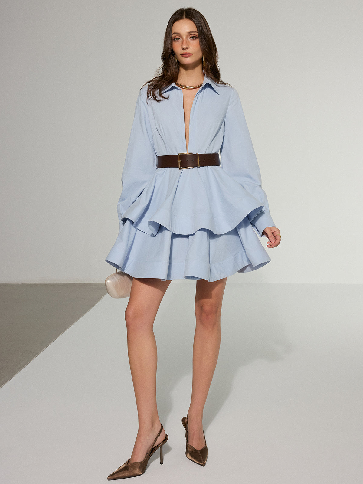 Belted Zip-From Cotton Tiered Shirt Dress-Massicos