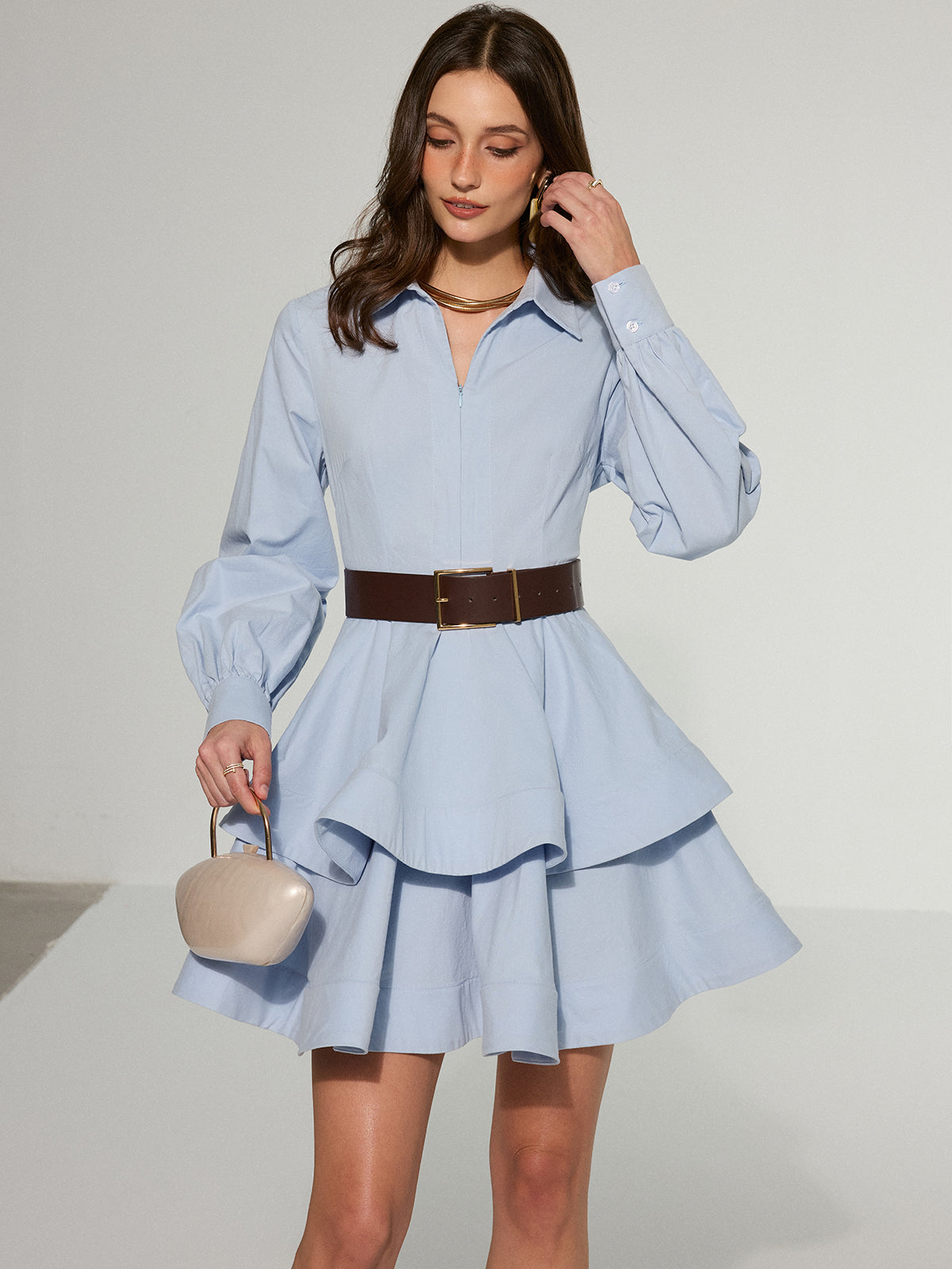 Belted Zip-From Cotton Tiered Shirt Dress-Massicos