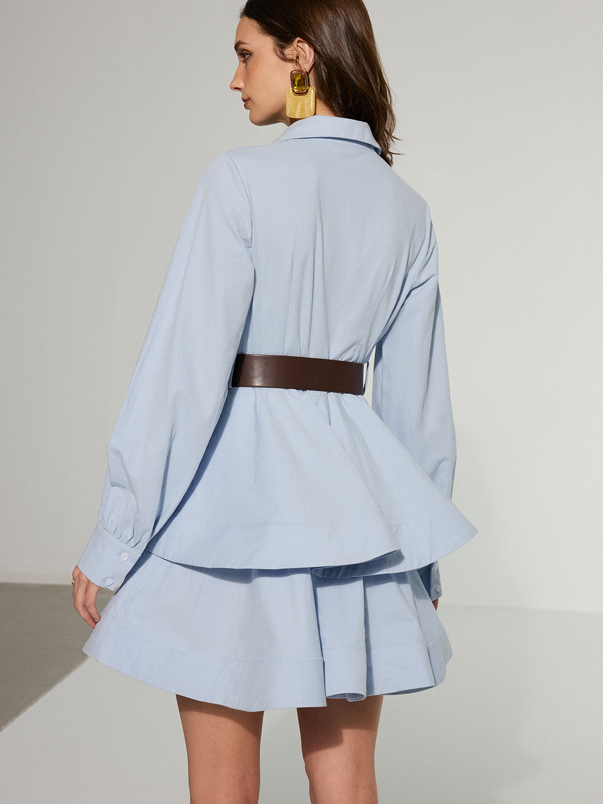 Belted Zip-From Cotton Tiered Shirt Dress-Massicos