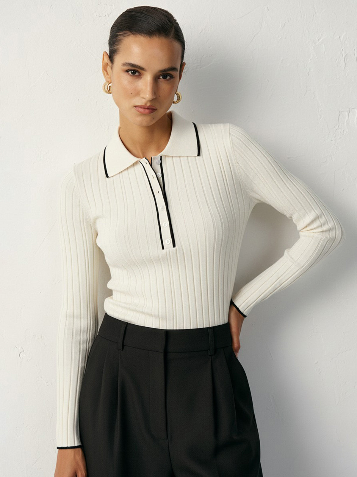 Contrast Trim Wool Blend Polo Neck Sweater-Massicos