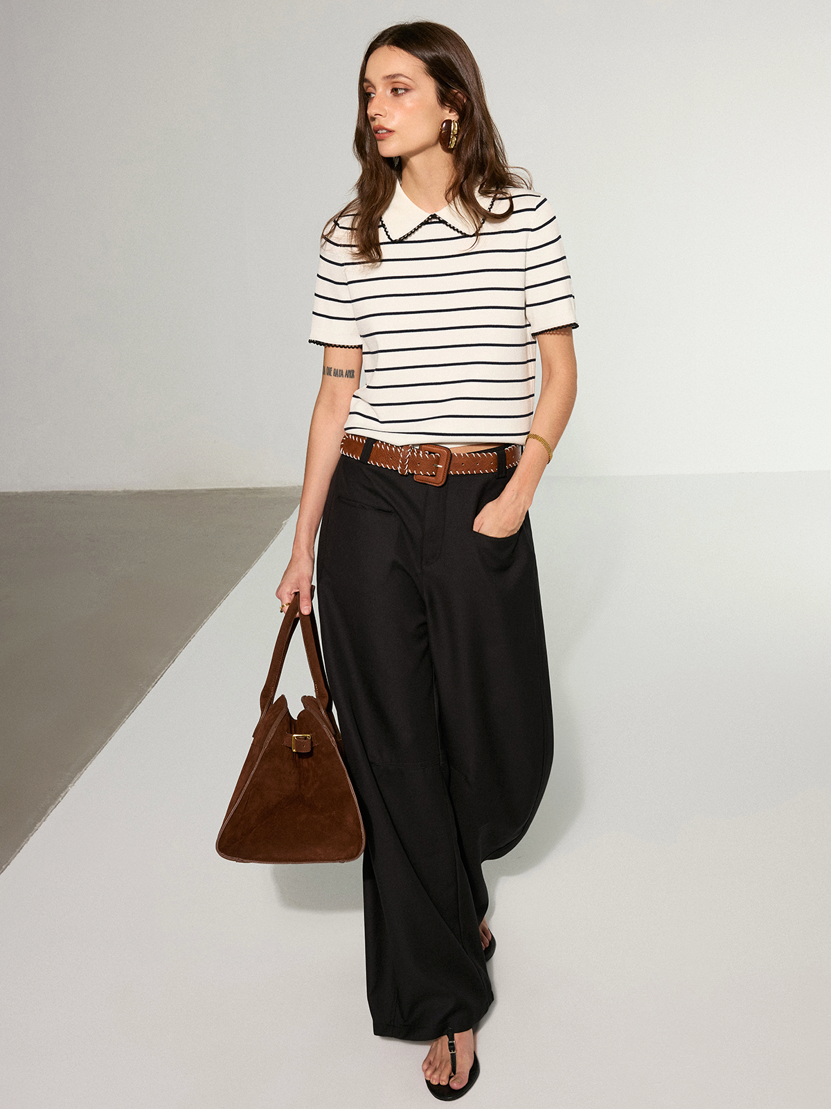 Contrast Wave Trim Striped Polo Knit Top-Massicos