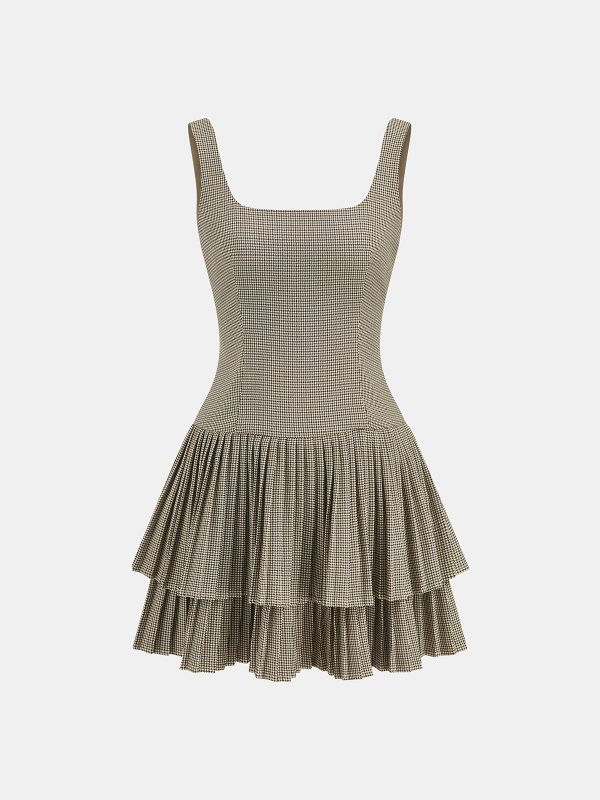 Square Neck Pleated Gingham Tiered Dress-Massicos
