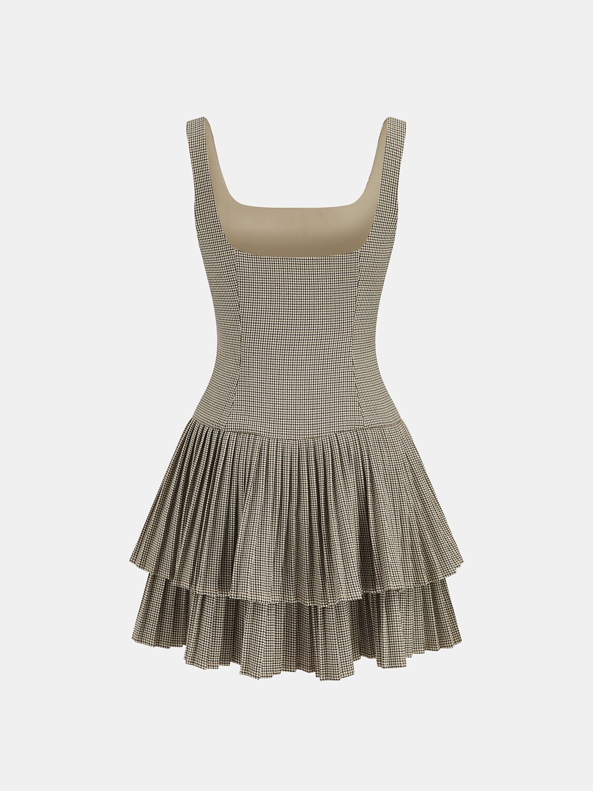 Square Neck Pleated Gingham Tiered Dress-Massicos