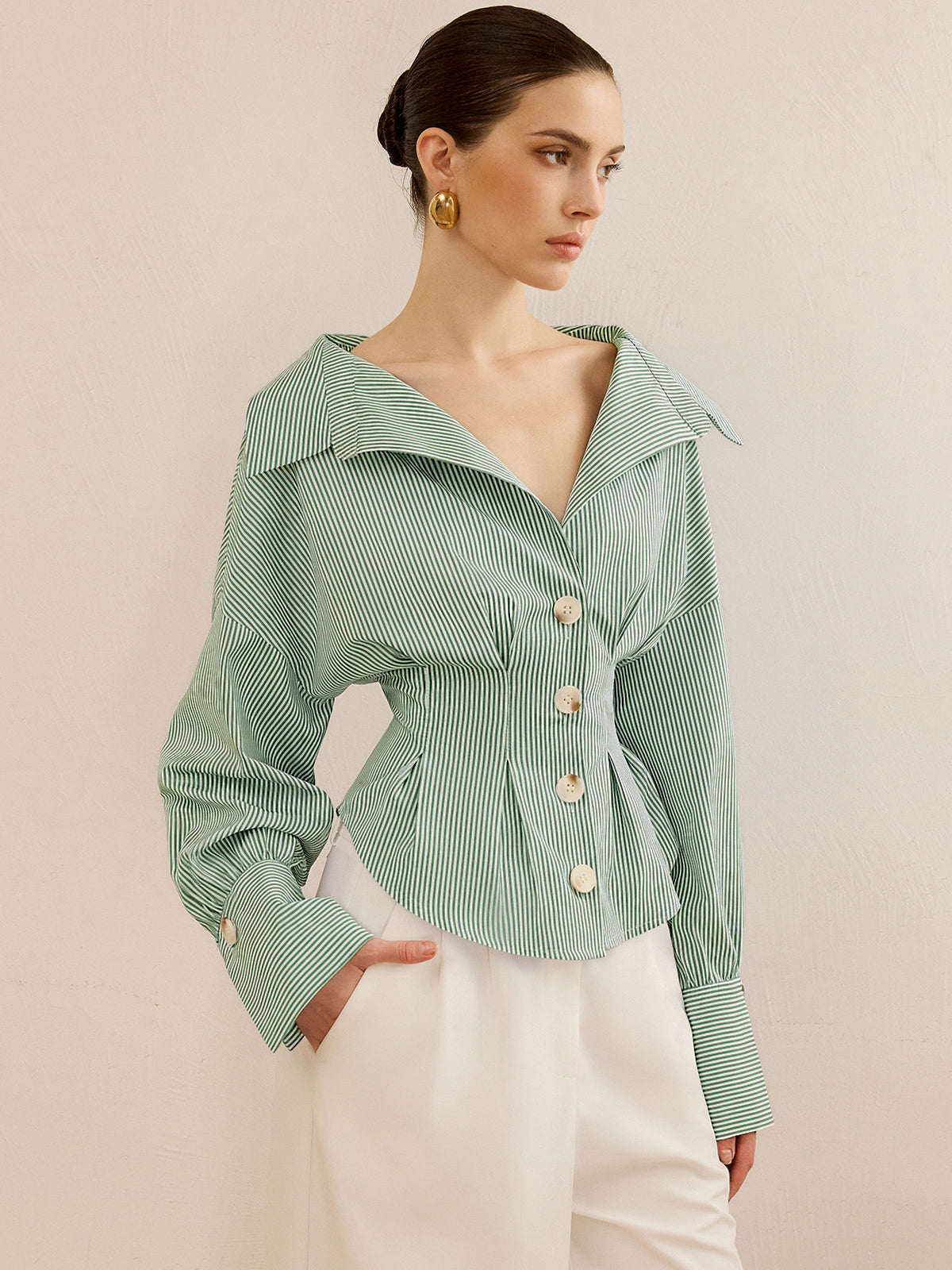 Striped Collared Shirt with Waist-Cinching Design-Massicos