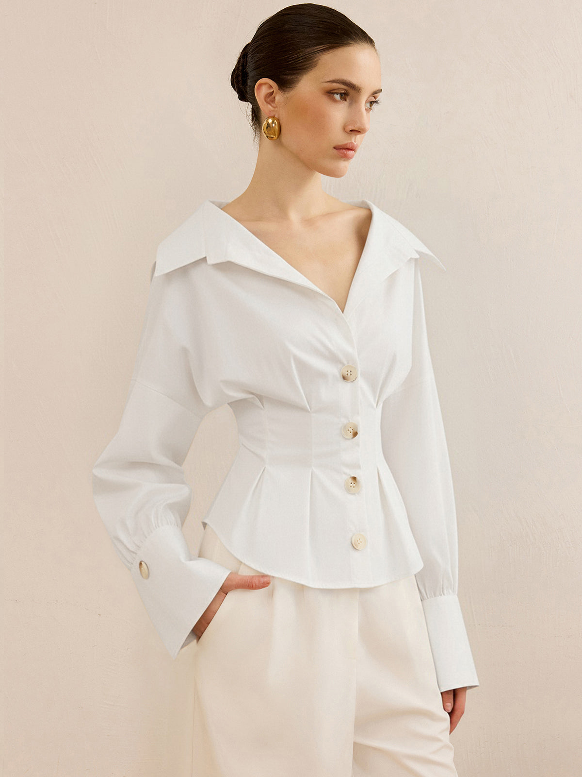 Striped Collared Shirt with Waist-Cinching Design-Massicos
