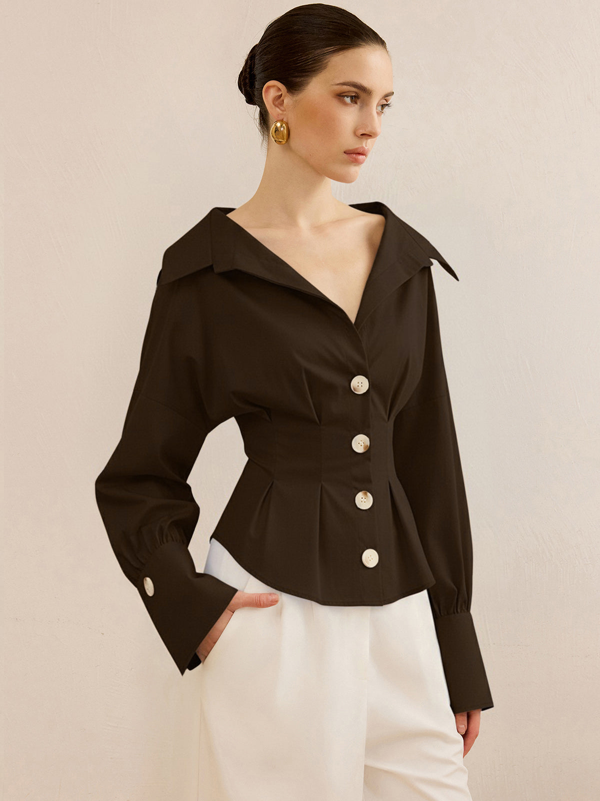 Striped Collared Shirt with Waist-Cinching Design-Massicos