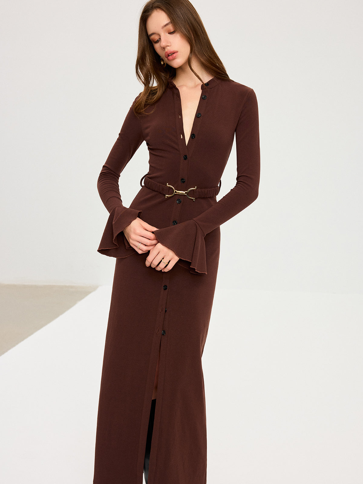 Flared Cuff Button-Front Maxi Dress-Massicos