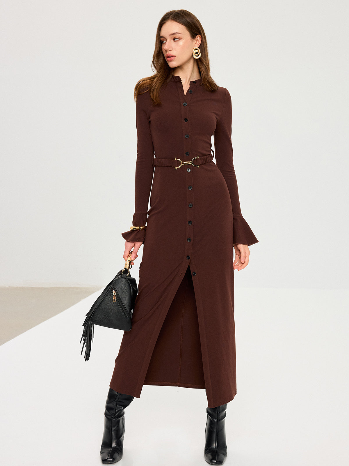 Flared Cuff Button-Front Maxi Dress-Massicos