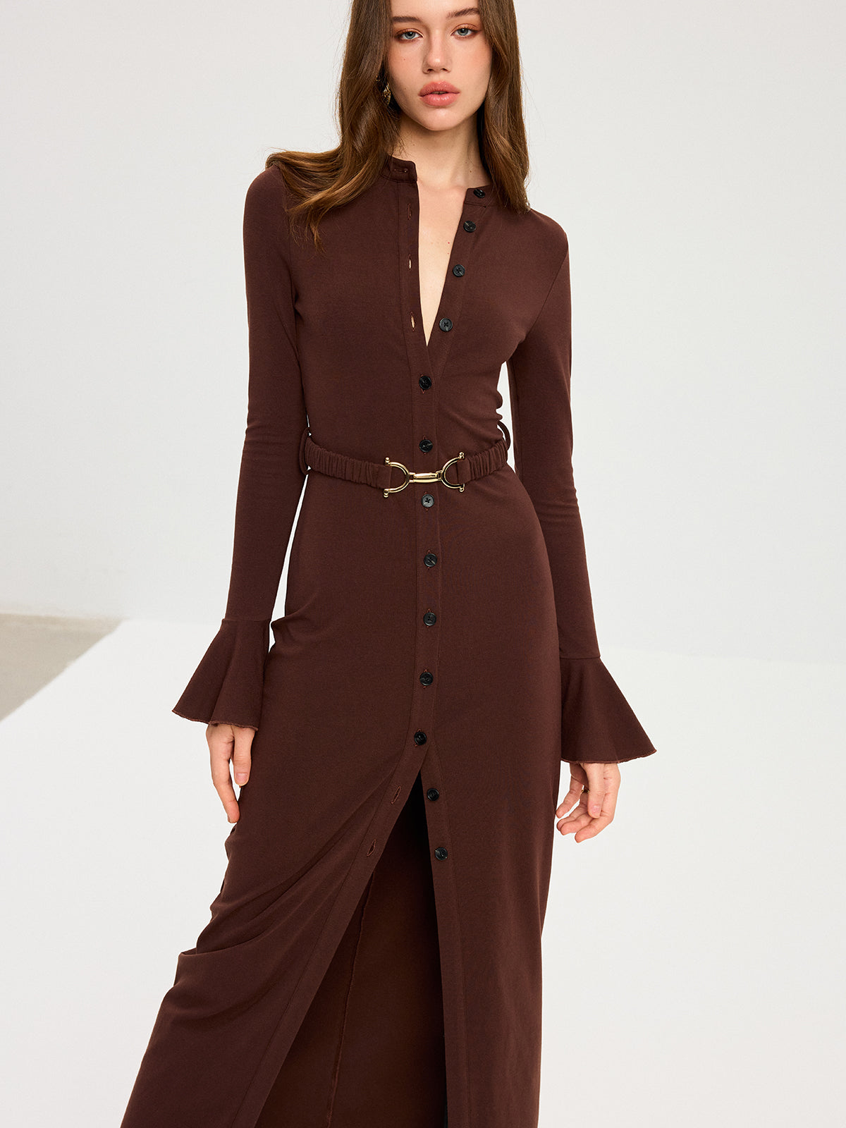 Flared Cuff Button-Front Maxi Dress-Massicos