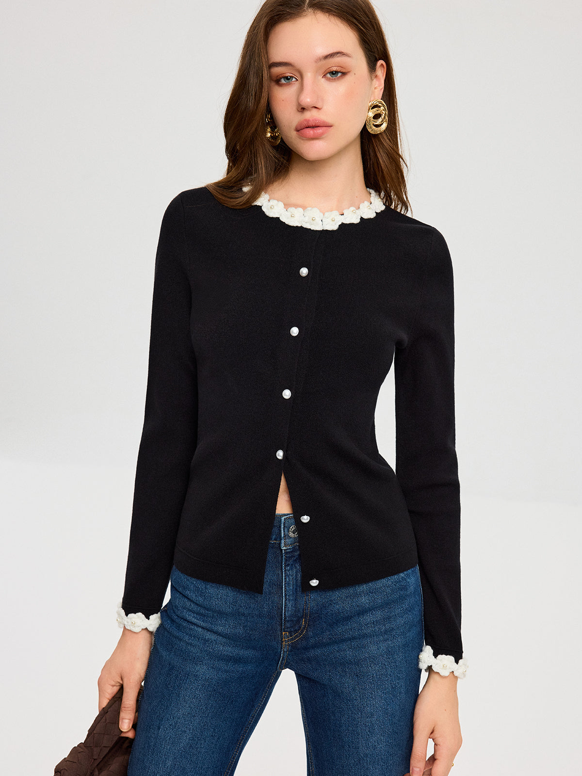 3D Floral Trim Pearl Button Cardigan-Massicos