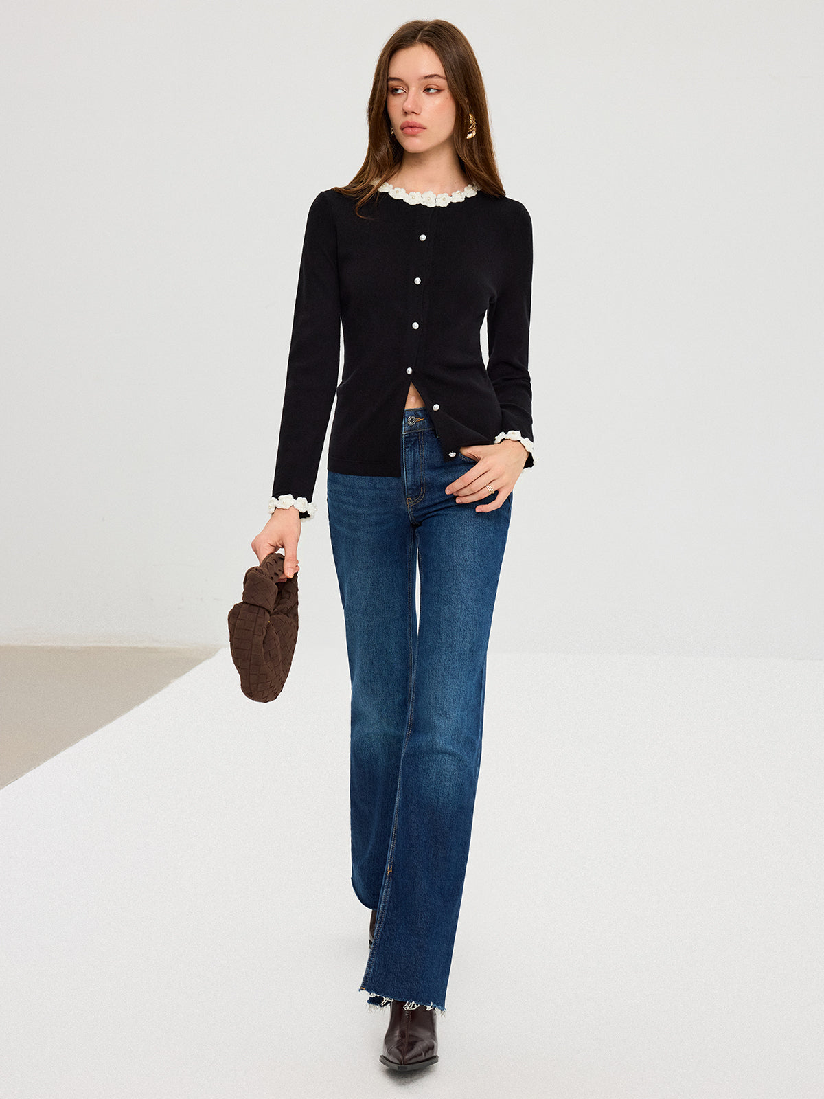 3D Floral Trim Pearl Button Cardigan-Massicos