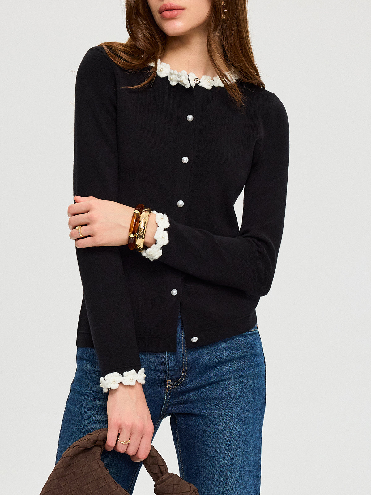 3D Floral Trim Pearl Button Cardigan-Massicos