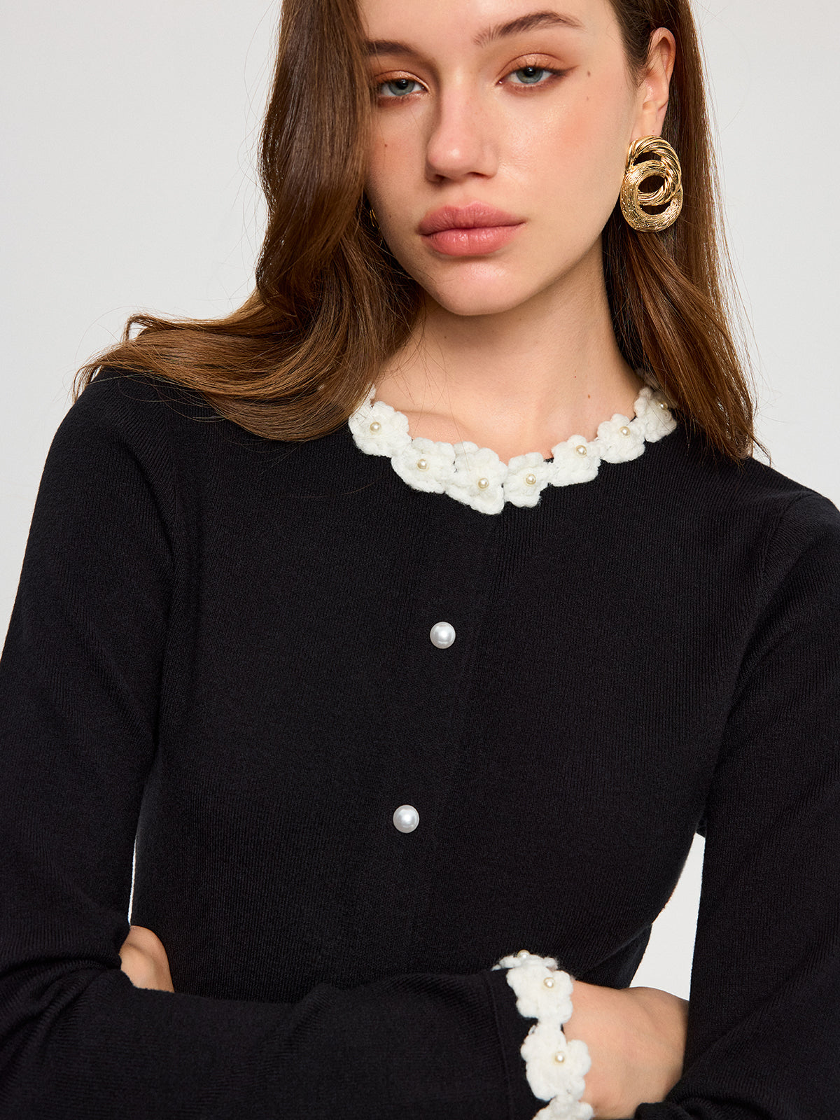 3D Floral Trim Pearl Button Cardigan-Massicos
