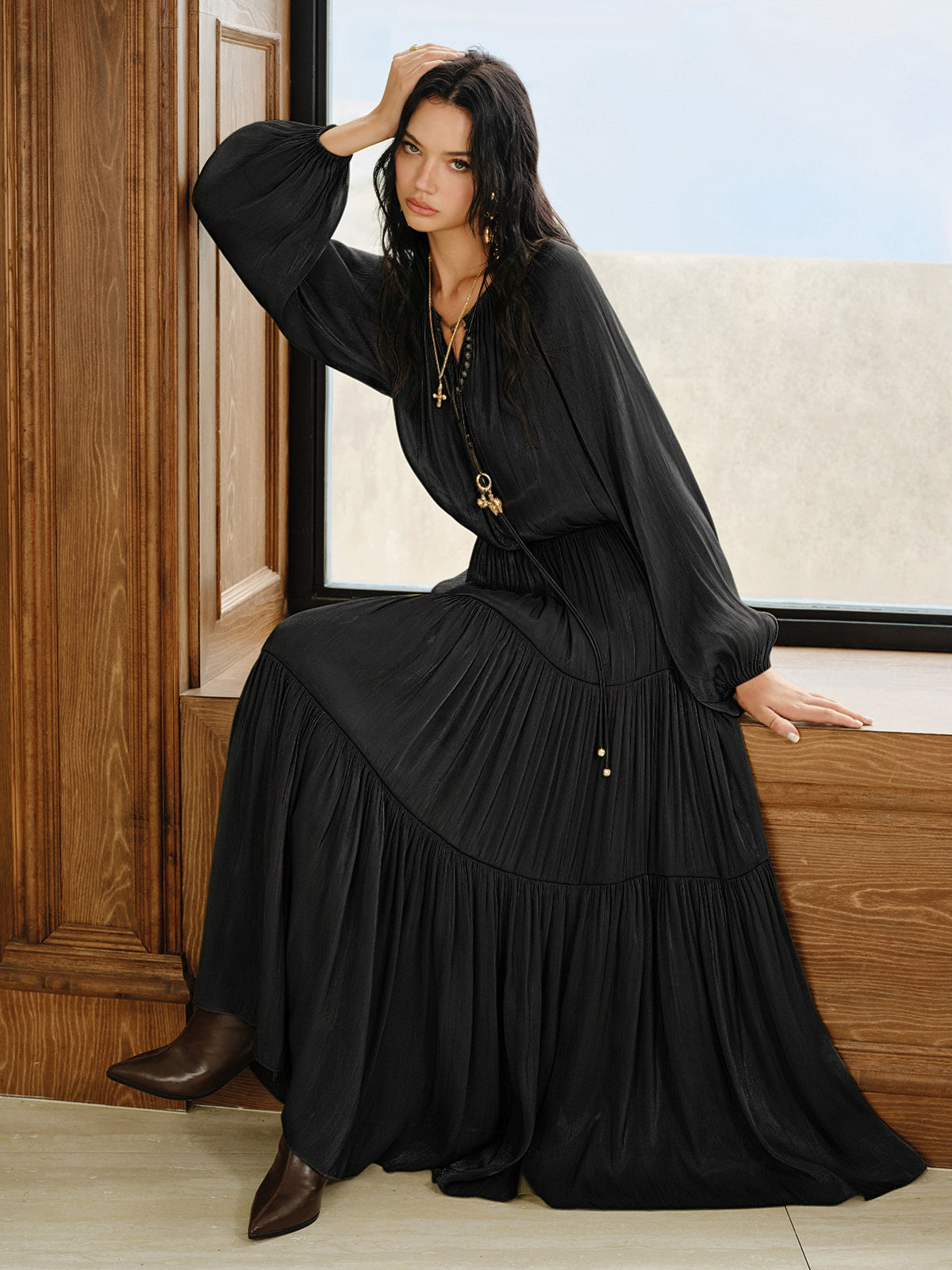 Tiered Maxi Dress Set with Liner-Massicos