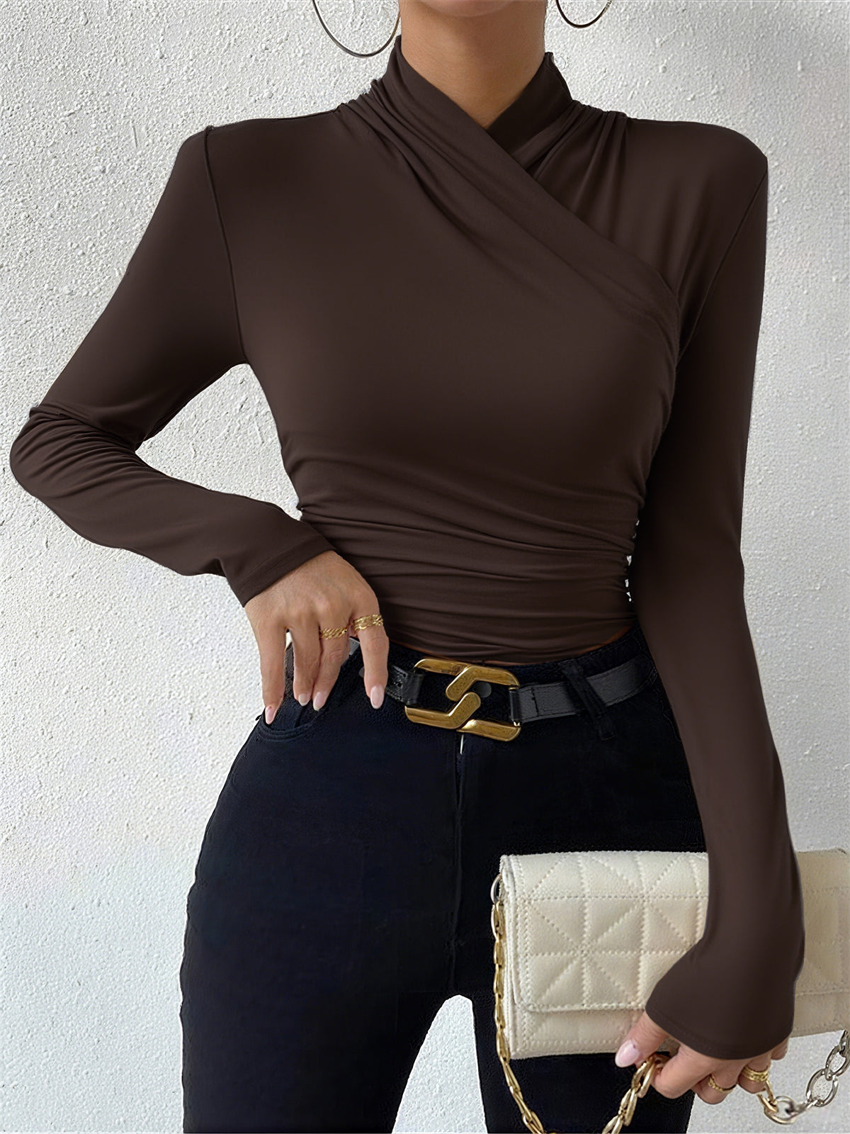 Cross-Over Collar Pleated Cinched T-Shirt-Massicos