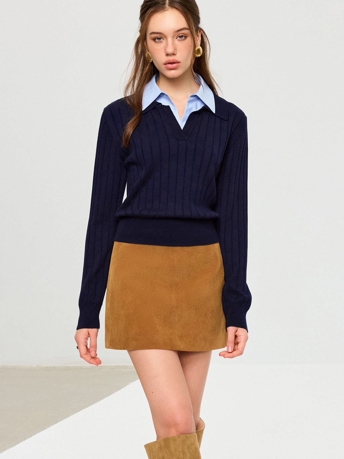 Shirt Collar Panel Knit Top-Massicos