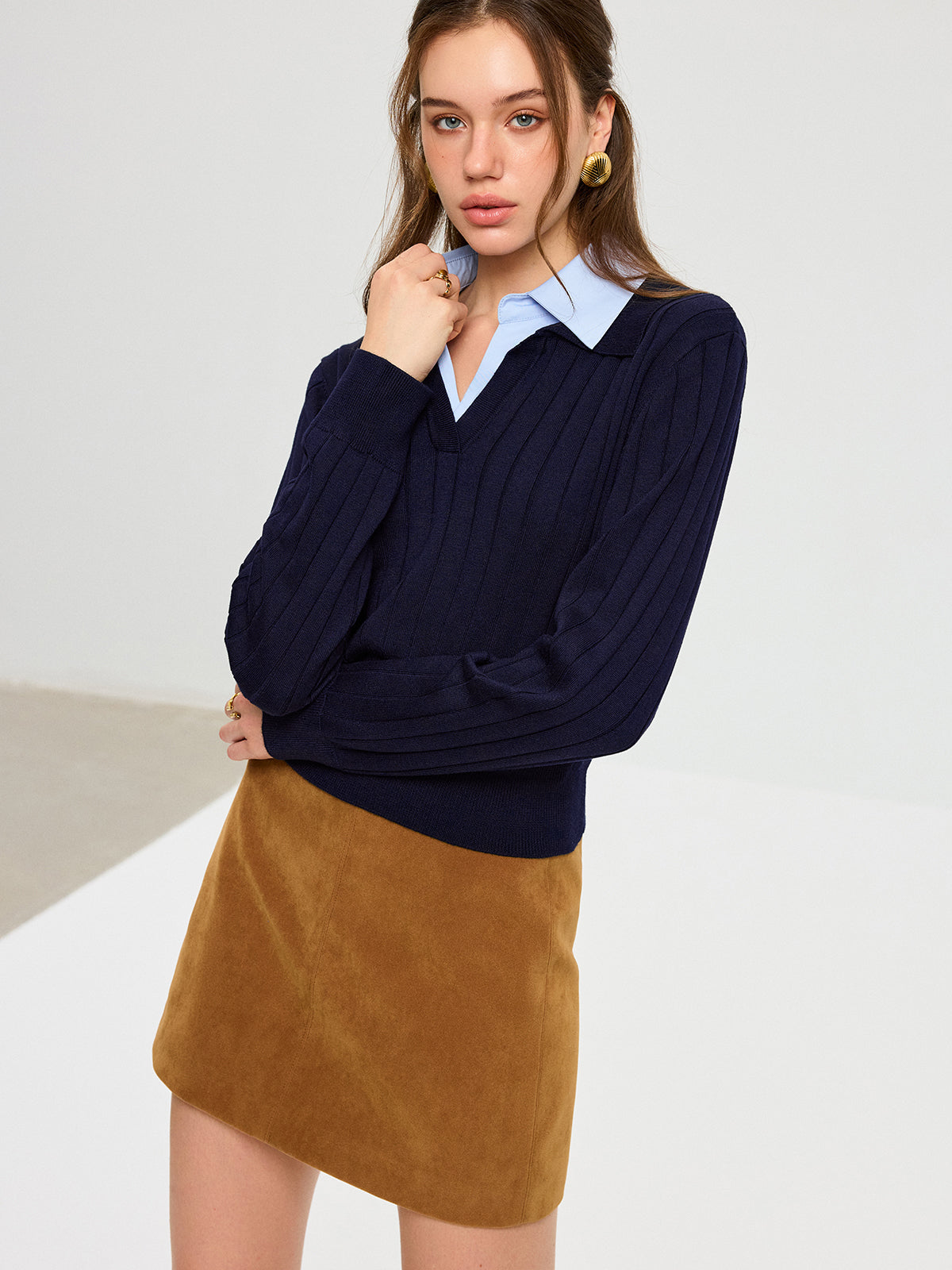 Shirt Collar Panel Knit Top-Massicos