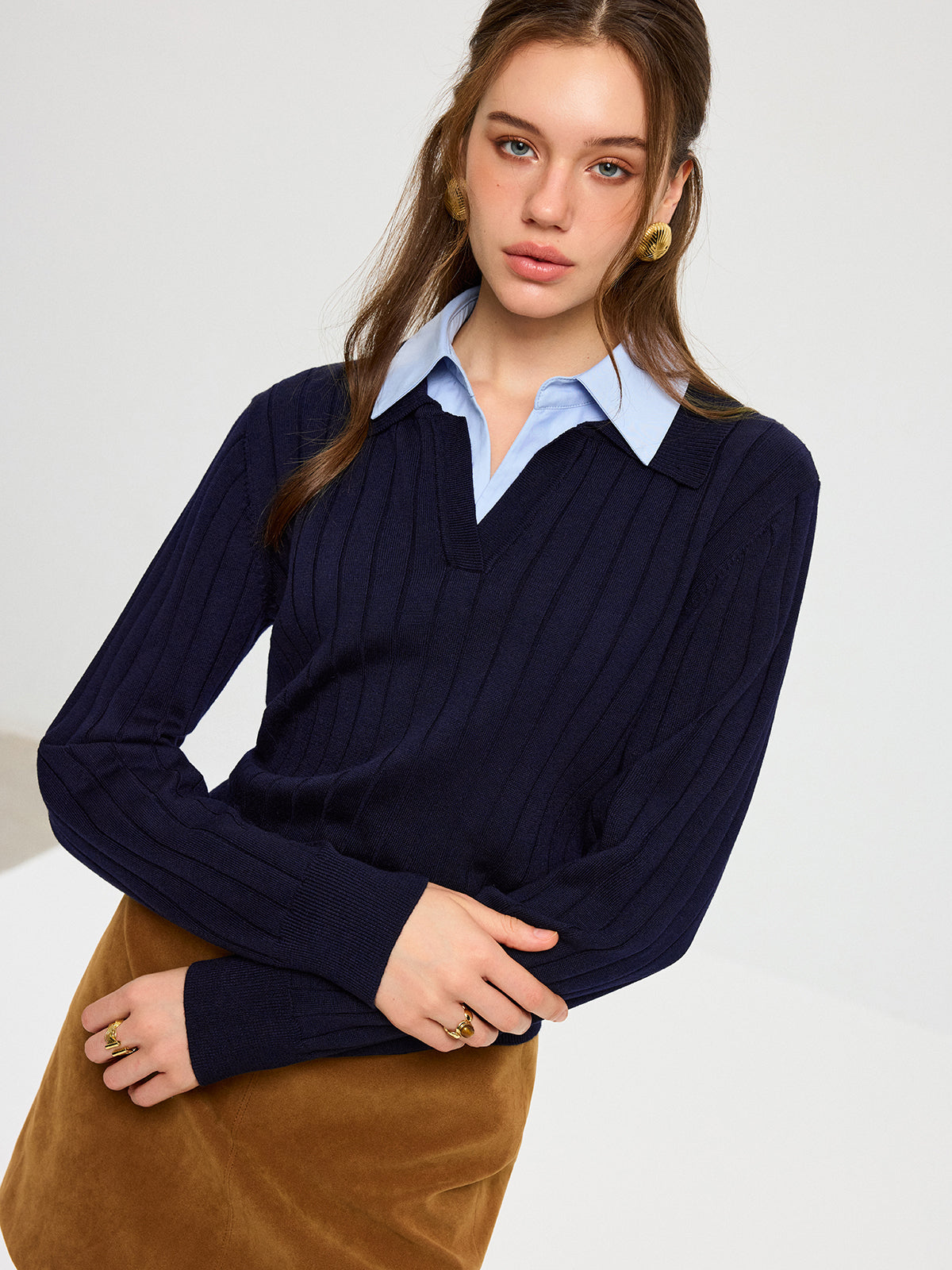 Shirt Collar Panel Knit Top-Massicos
