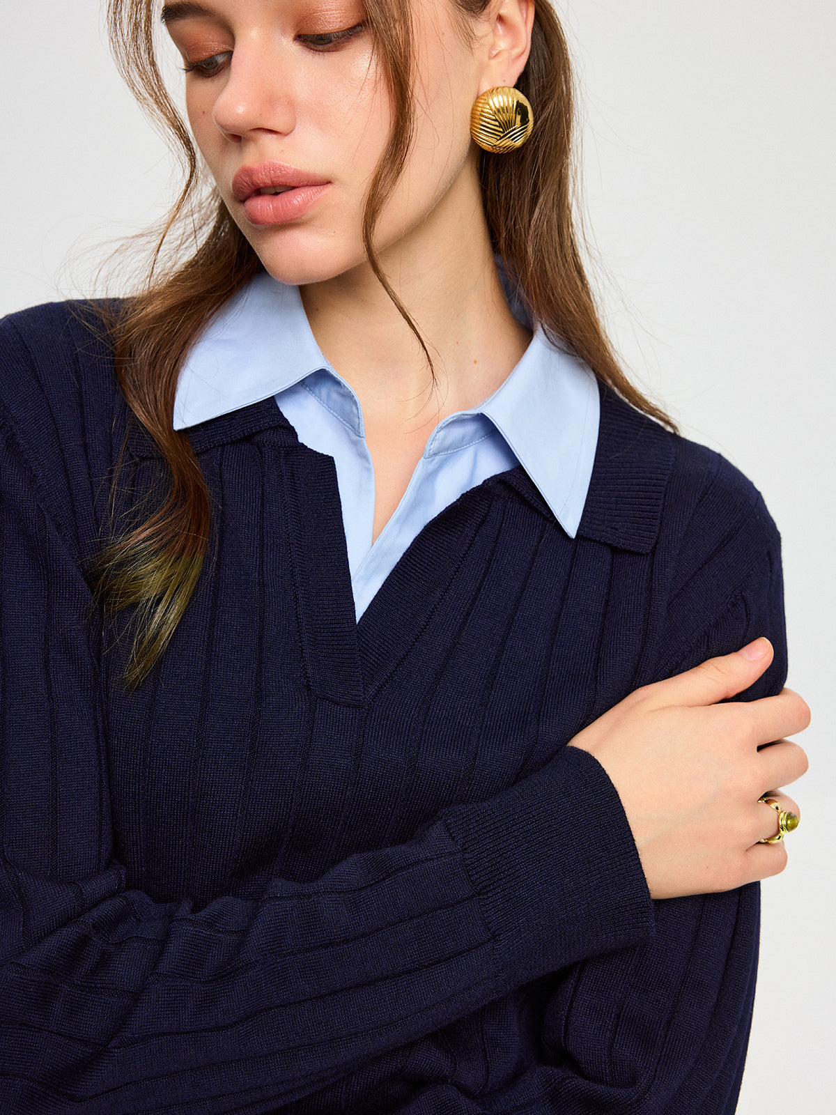 Shirt Collar Panel Knit Top-Massicos