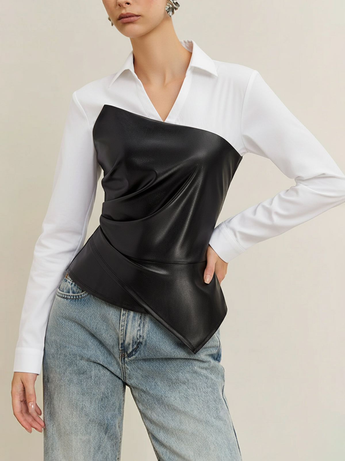 Asymmetric PU Leather Panel Blouse-Massicos