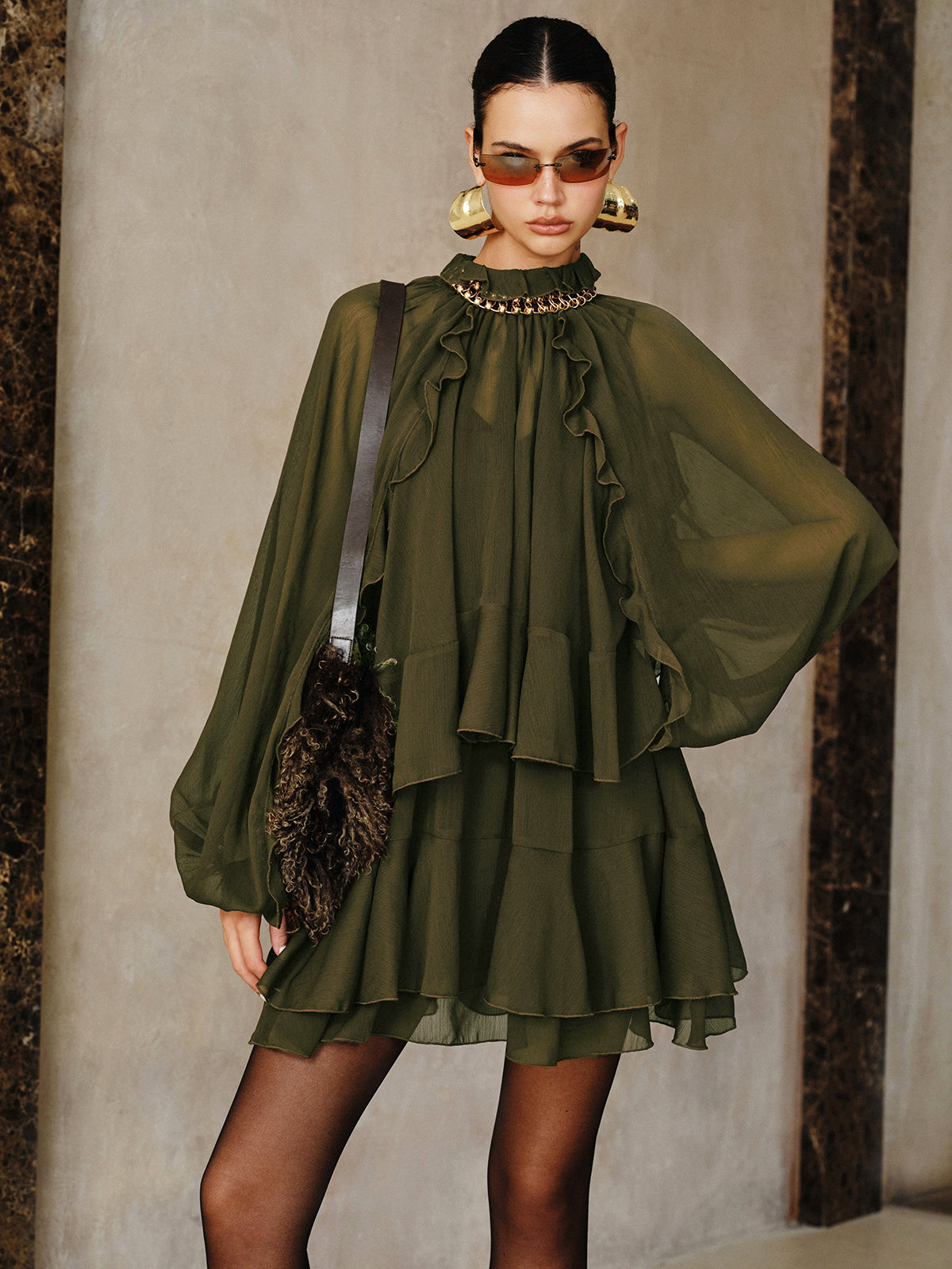 Tiered Ruffle Chiffon Mini Dress Set with Liner-Massicos