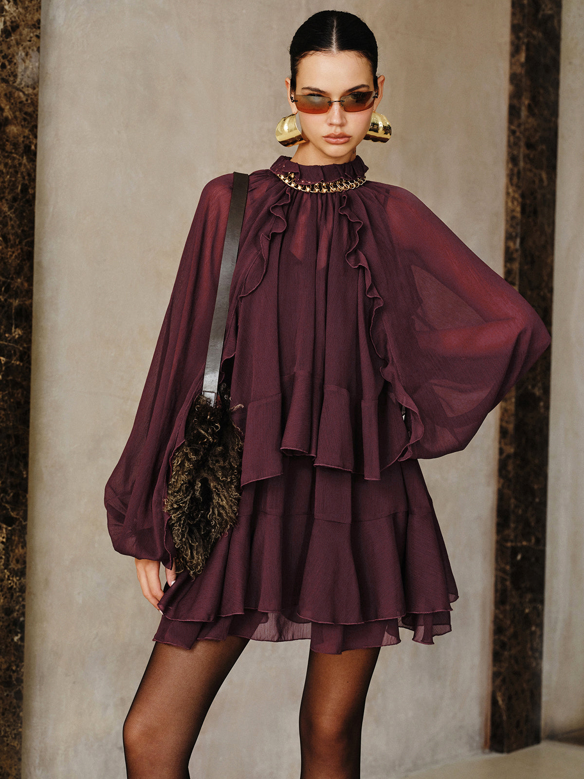 Tiered Ruffle Chiffon Mini Dress Set with Liner-Massicos