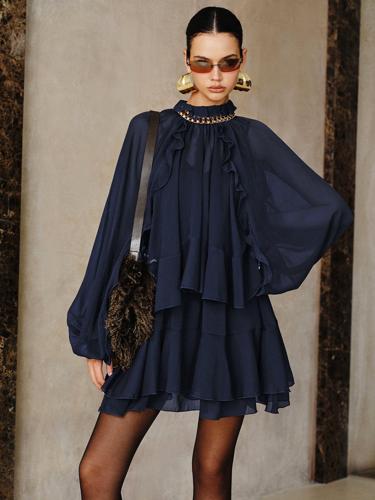 Tiered Ruffle Chiffon Mini Dress Set with Liner-Massicos