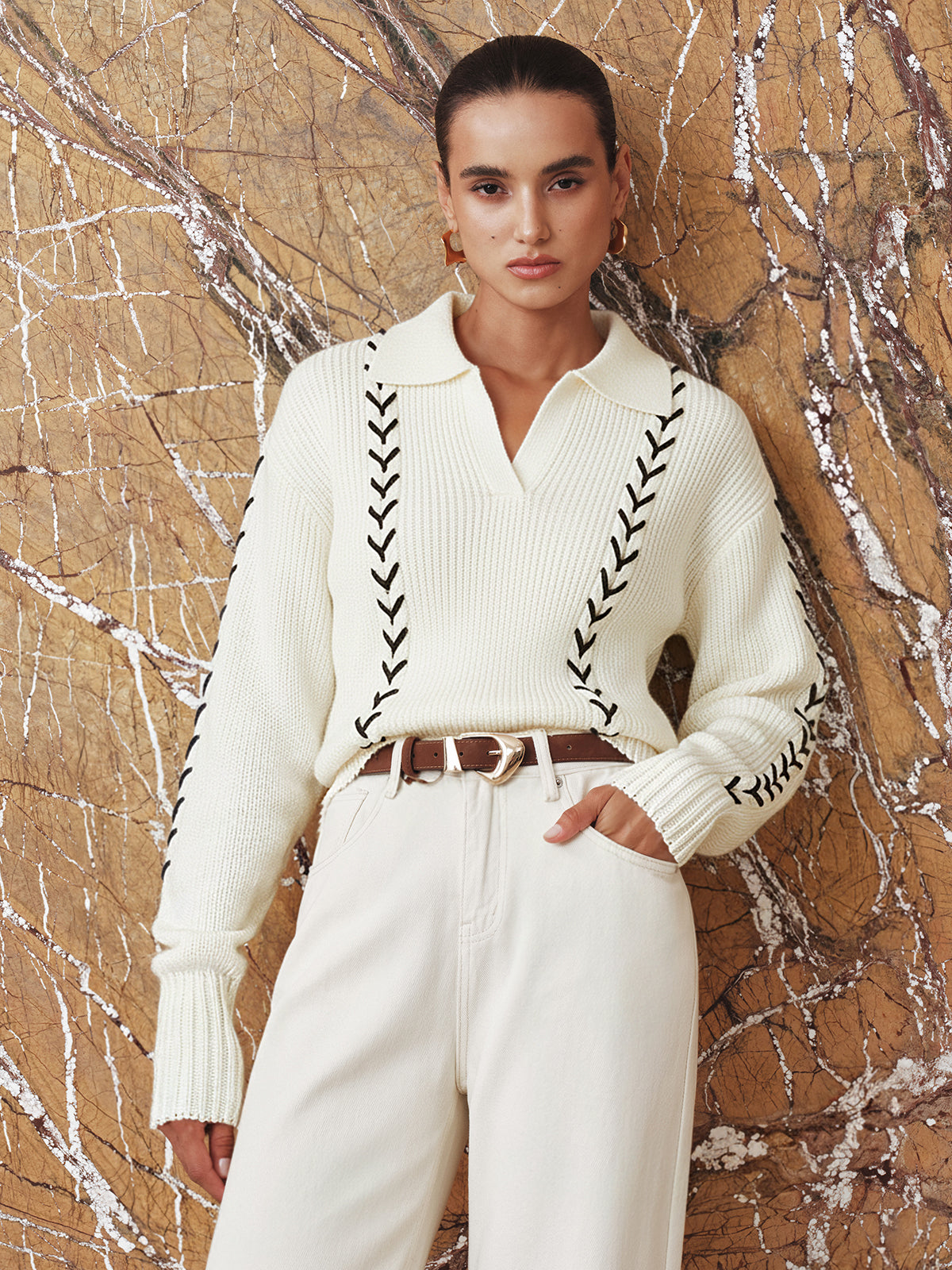 Contrast Stitching Polo Neck Cable Knit Top-Massicos