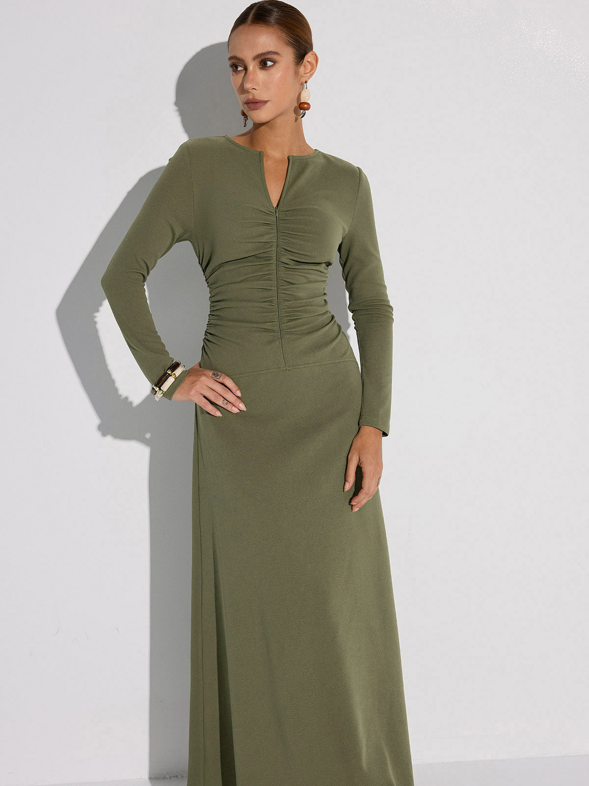 Zipper-Front Ruched Maxi Dress-Massicos