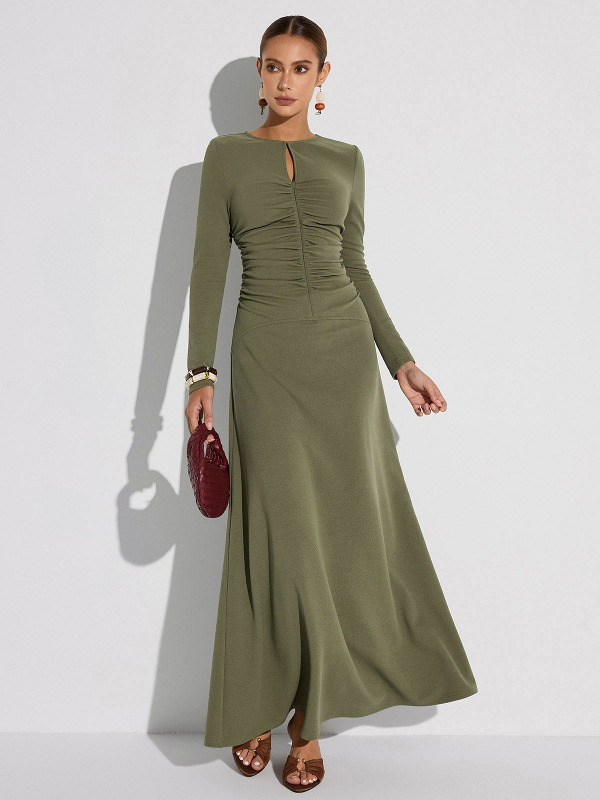 Zipper-Front Ruched Maxi Dress-Massicos