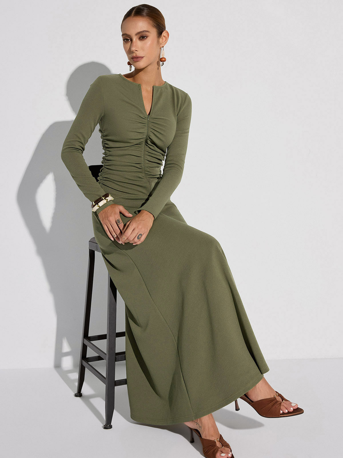 Zipper-Front Ruched Maxi Dress-Massicos