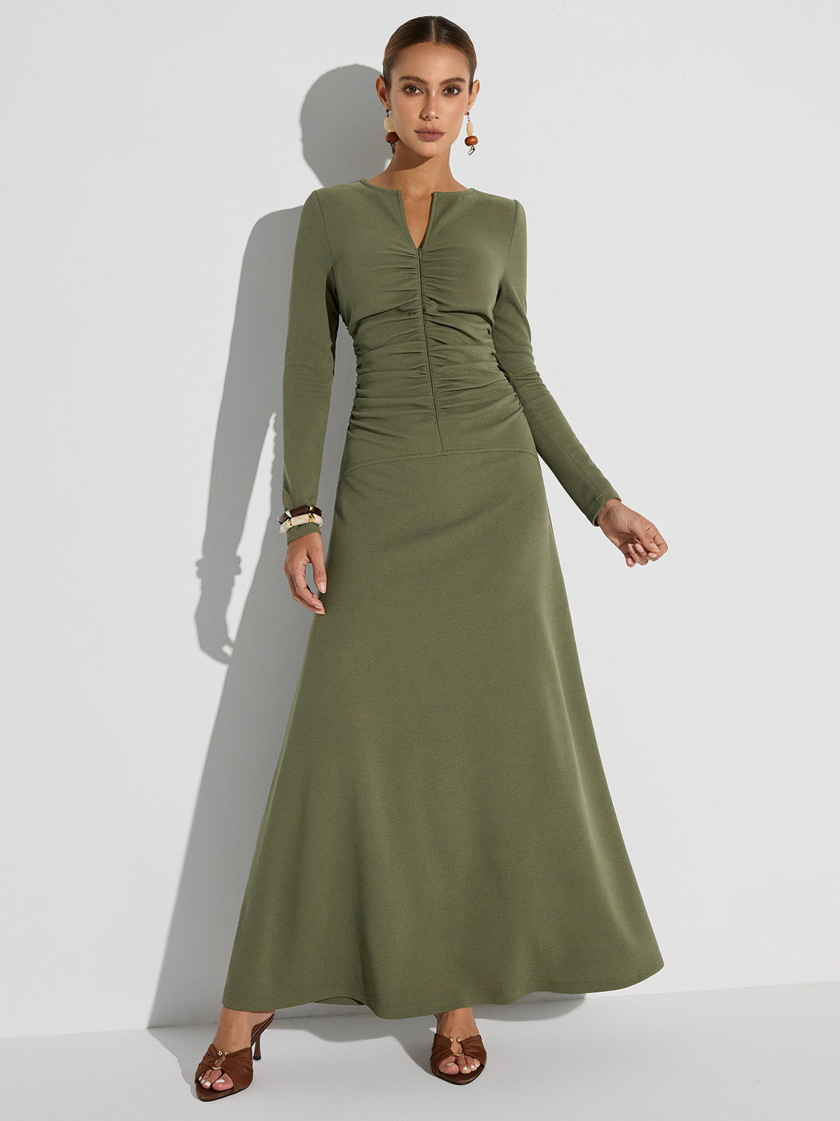 Zipper-Front Ruched Maxi Dress-Massicos