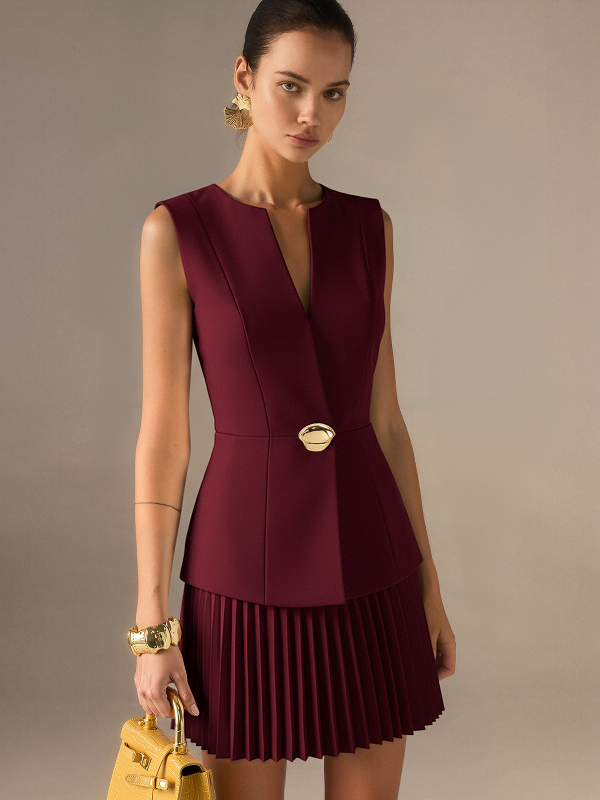 Sleeveless Metal Detail Pleated Mini Dress-Massicos